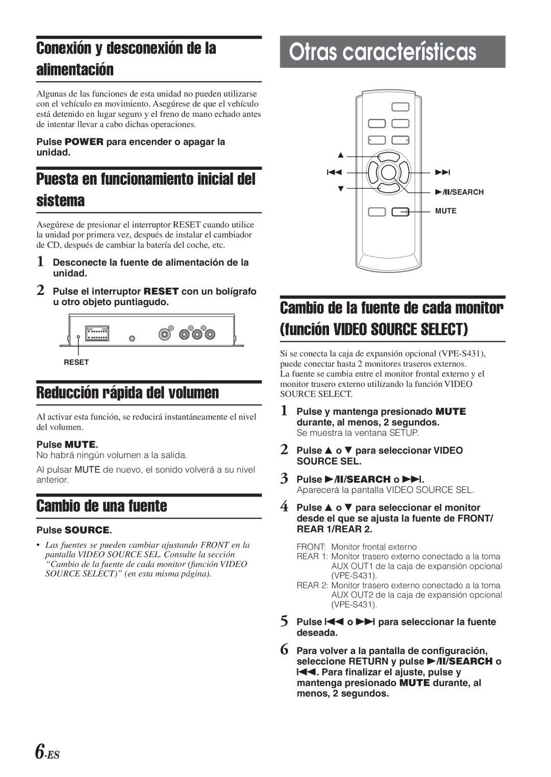 Alpine VPA-B211A Otras características, Conexión y desconexión de la alimentación, Reducción rápida del volumen 