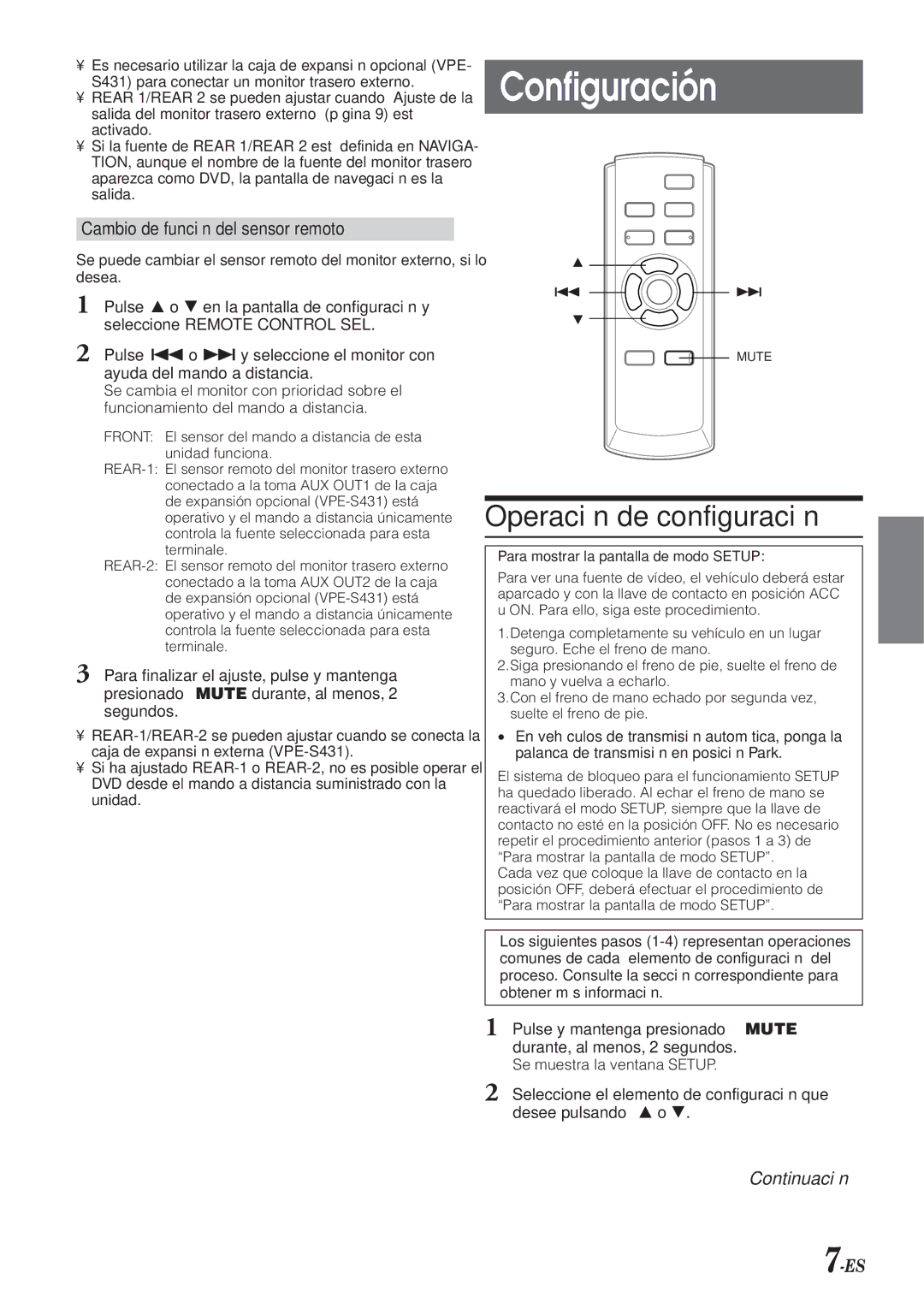 Alpine VPA-B211A owner manual Configuración, Operación de configuración, Cambio de función del sensor remoto 