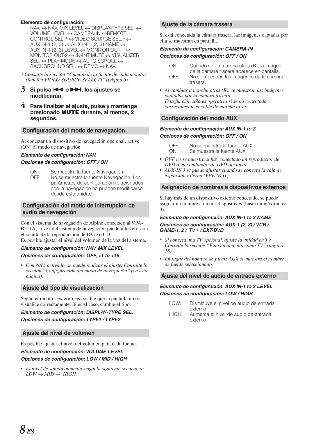 Alpine VPA-B211A Configuración del modo de navegación, Ajuste del tipo de visualización, Ajuste del nivel de volumen 