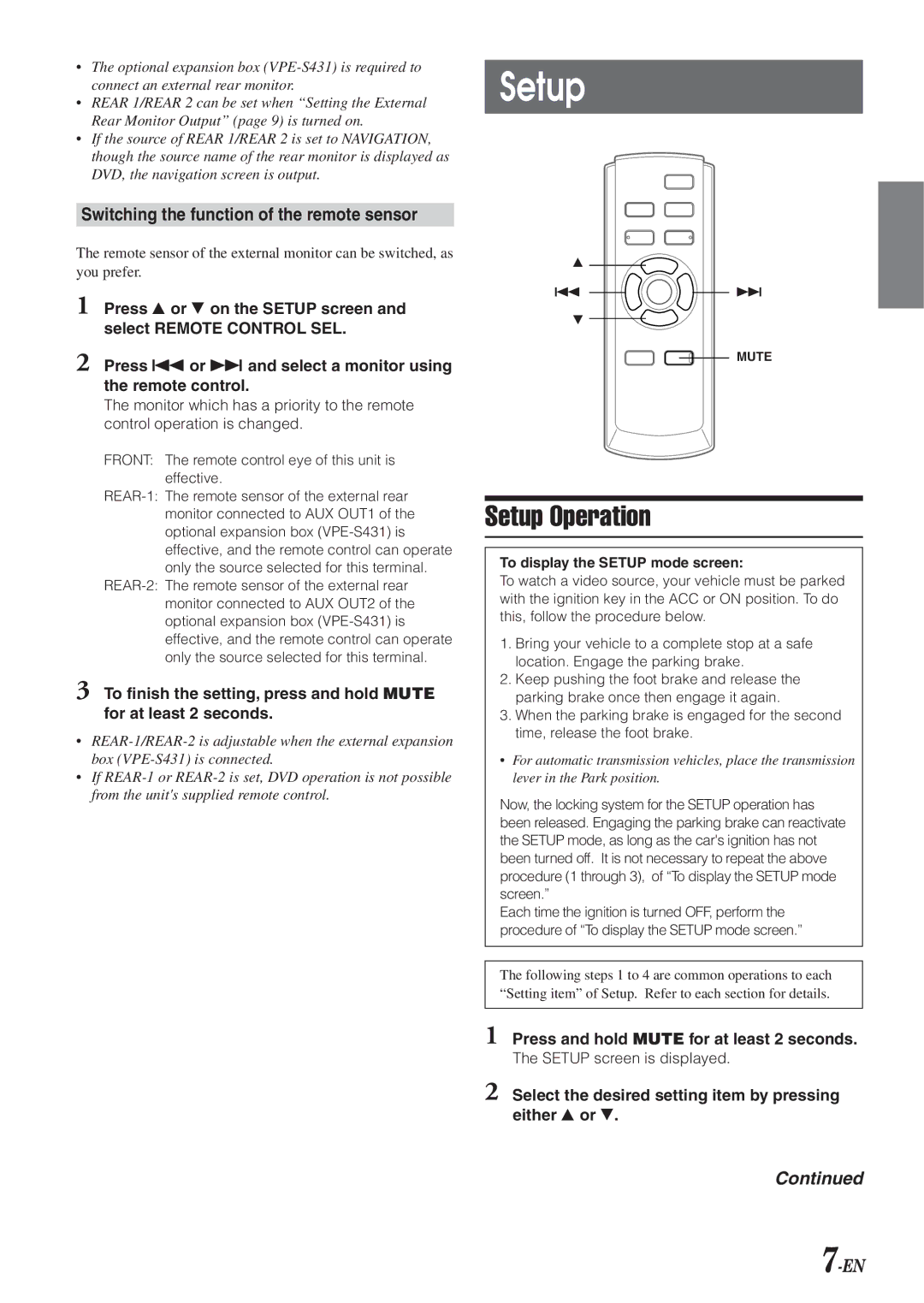 Alpine VPA-B211A Setup Operation, Switching the function of the remote sensor, To display the Setup mode screen 