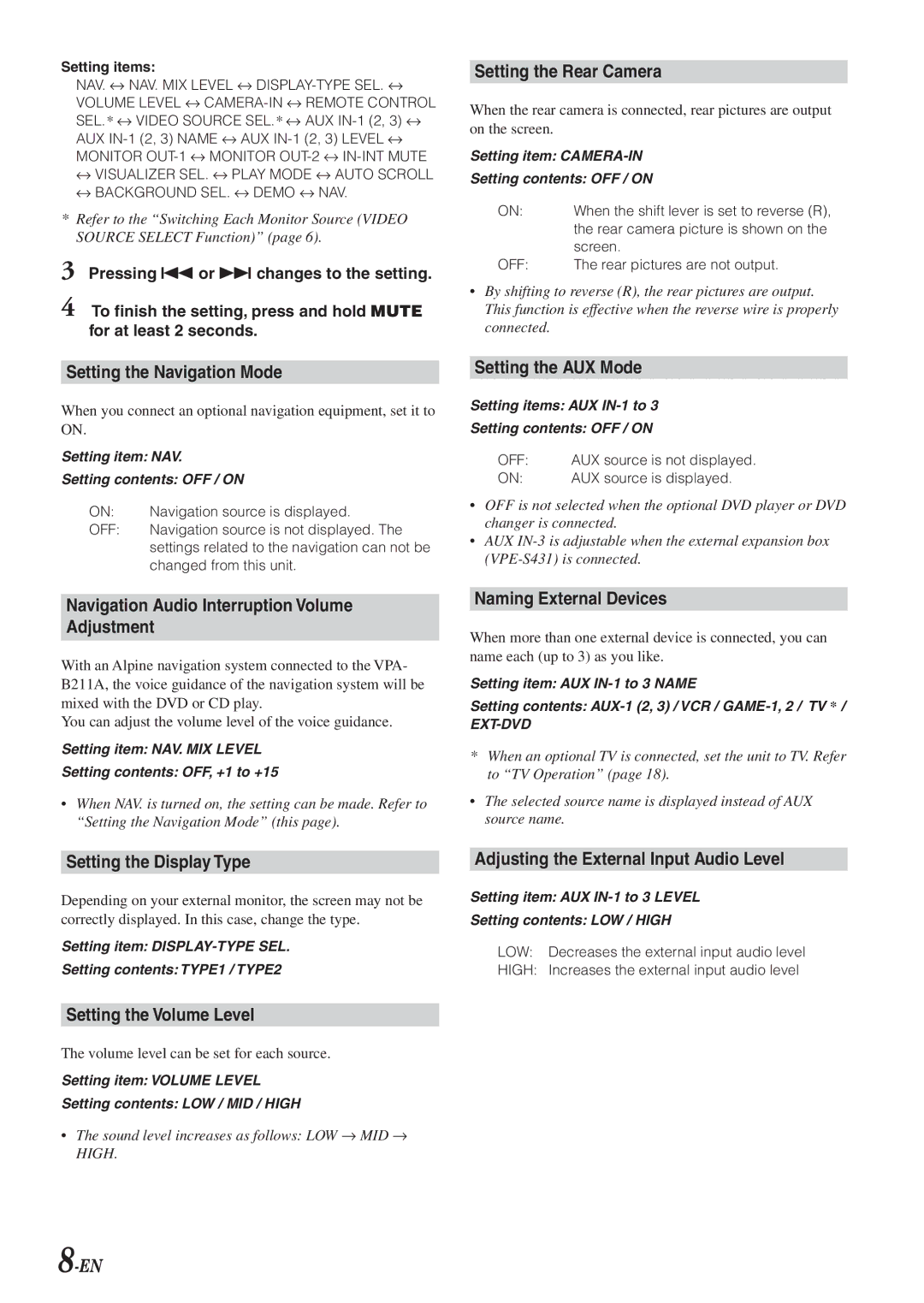 Alpine VPA-B211A Setting the Navigation Mode, Navigation Audio Interruption Volume Adjustment, Setting the Rear Camera 
