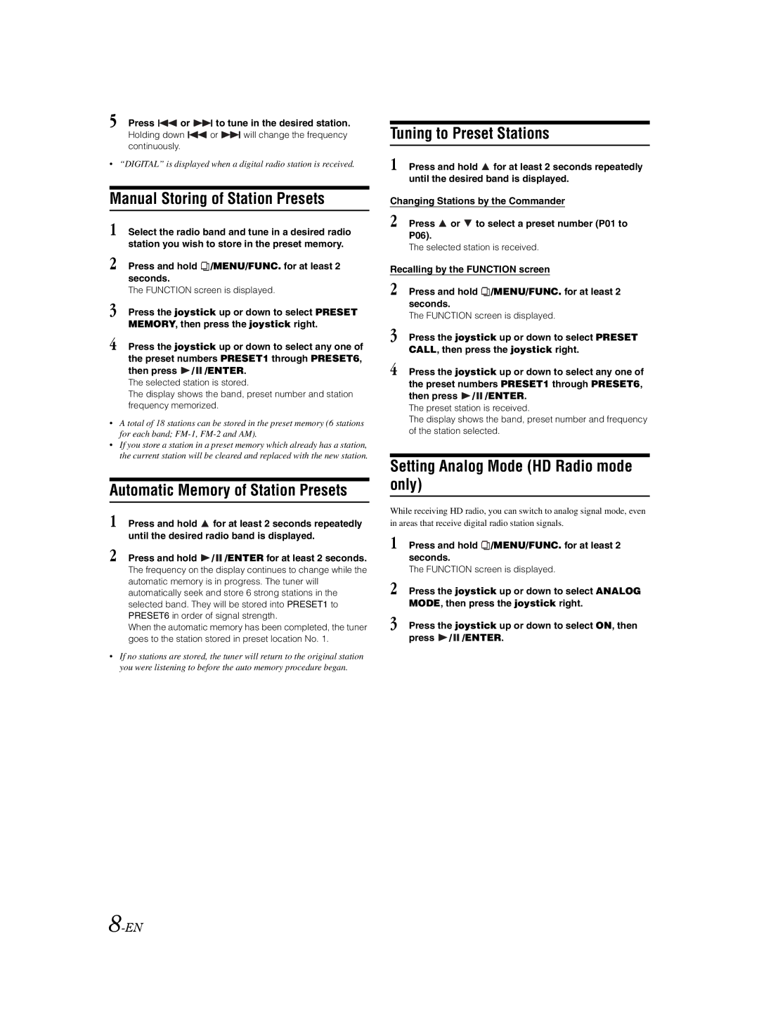 Alpine VPA-B222 Manual Storing of Station Presets, Automatic Memory of Station Presets, Tuning to Preset Stations 