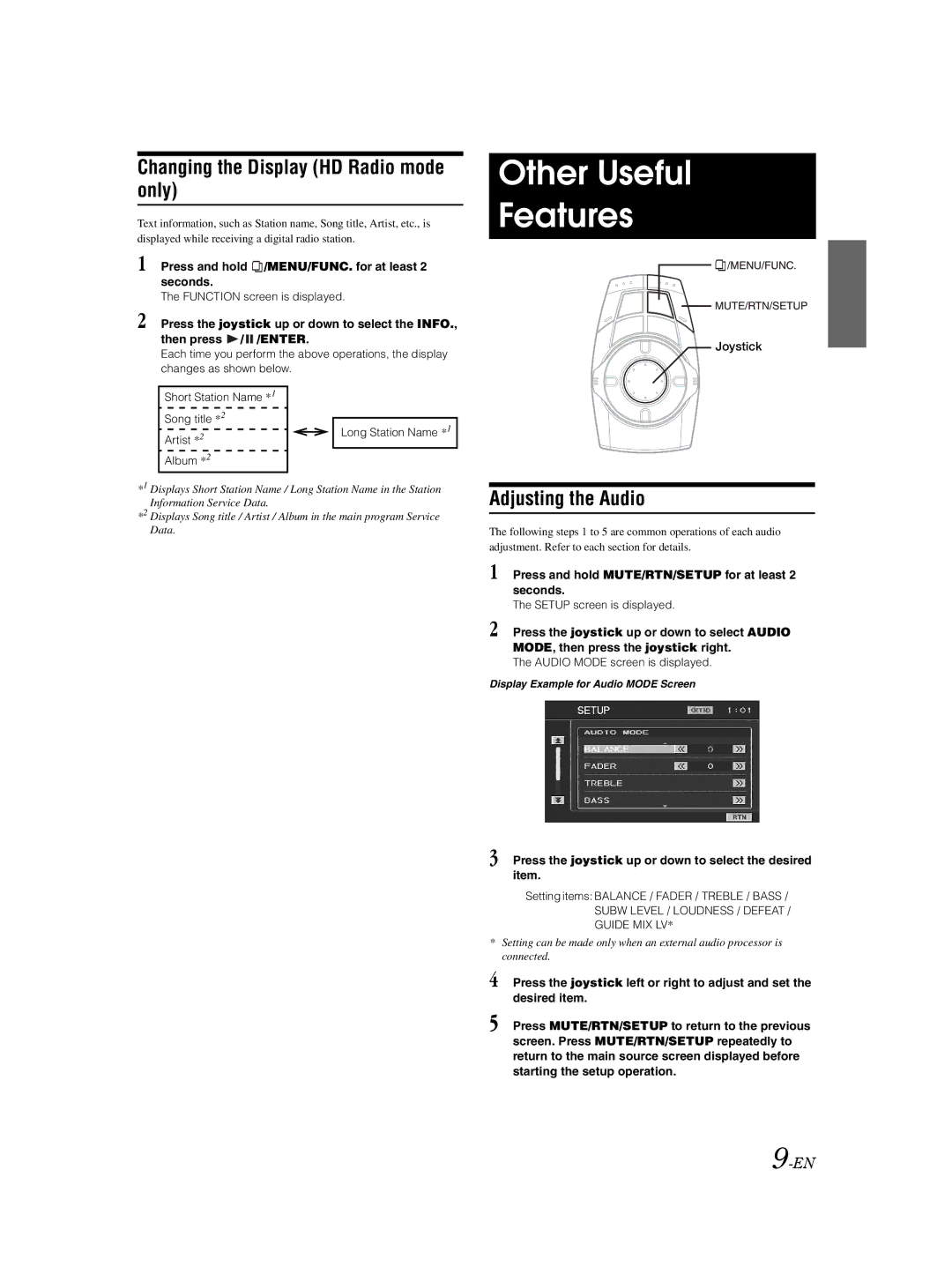 Alpine VPA-B222 owner manual Other Useful Features, Changing the Display HD Radio mode only, Adjusting the Audio 