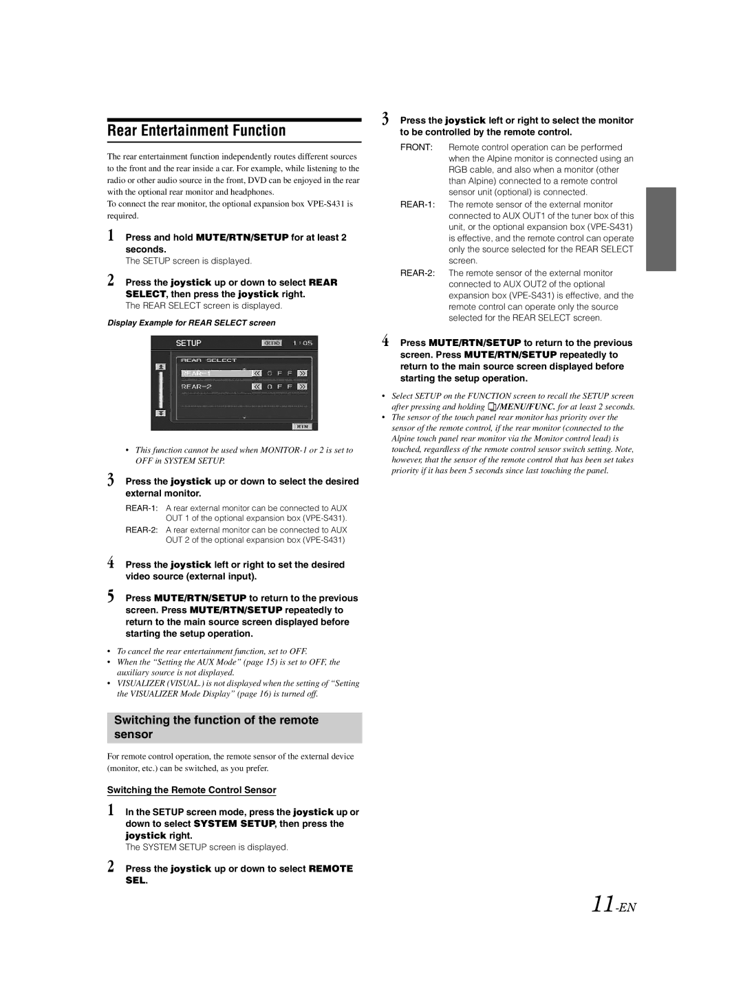 Alpine VPA-B222 owner manual Rear Entertainment Function, Switching the function of the remote sensor, 11-EN 