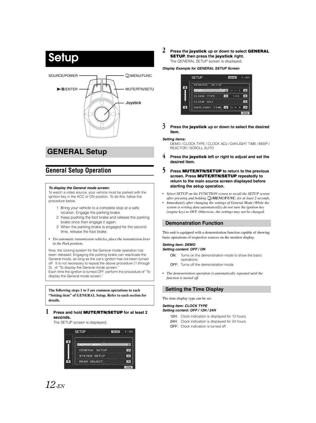 Alpine VPA-B222 owner manual General Setup Operation, Demonstration Function, Setting the Time Display, 12-EN 