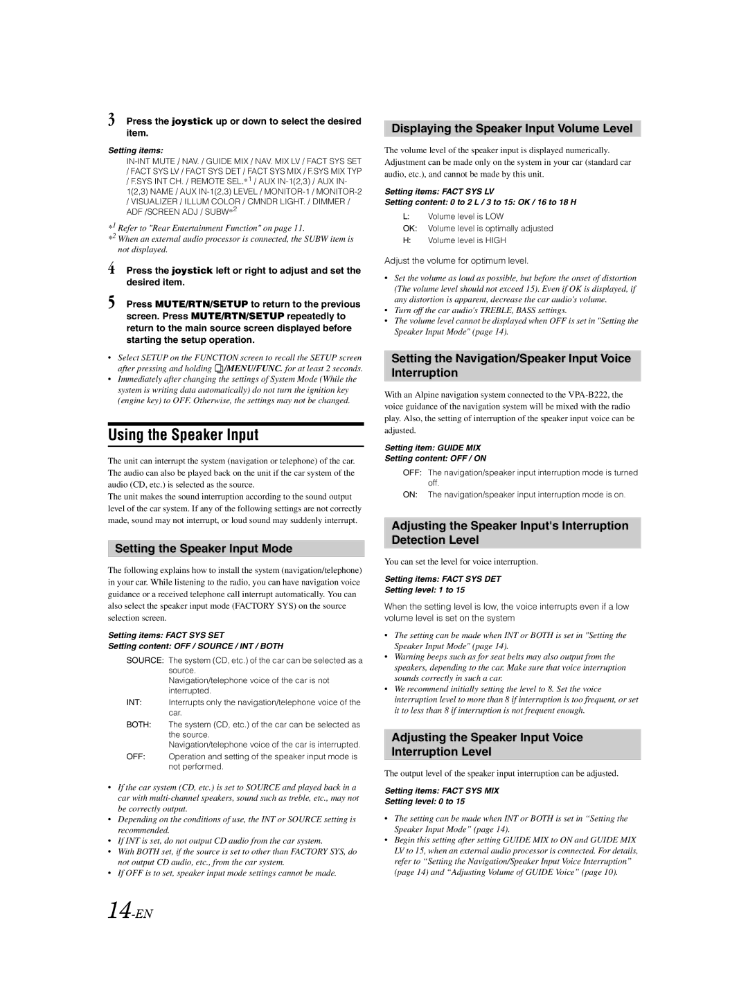 Alpine VPA-B222 owner manual Using the Speaker Input 