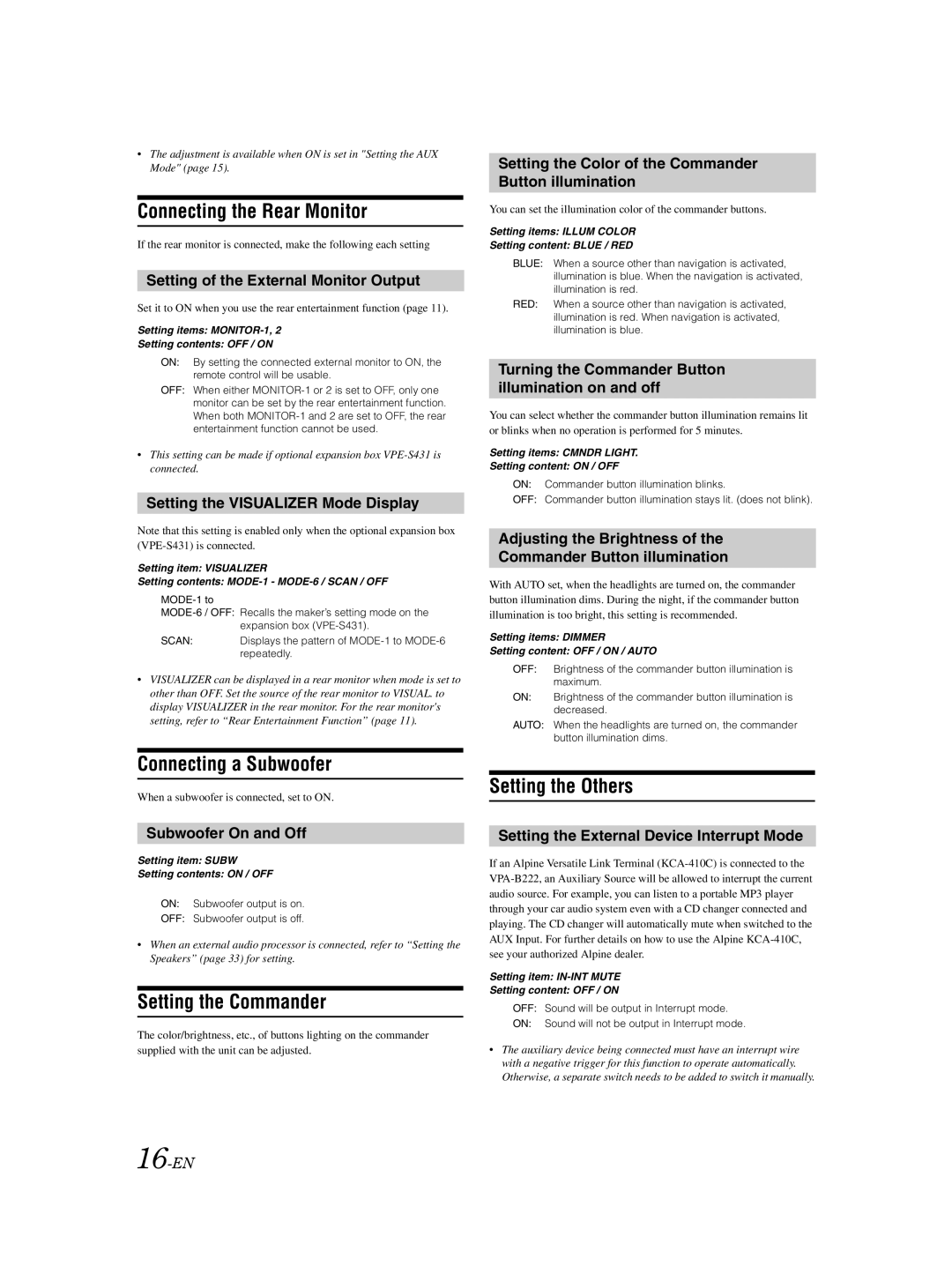 Alpine VPA-B222 owner manual Connecting the Rear Monitor, Connecting a Subwoofer, Setting the Commander, Setting the Others 