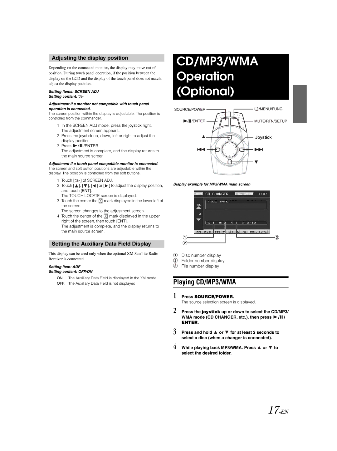 Alpine VPA-B222 owner manual CD/MP3/WMA Operation Optional, Playing CD/MP3/WMA, Adjusting the display position, 17-EN 