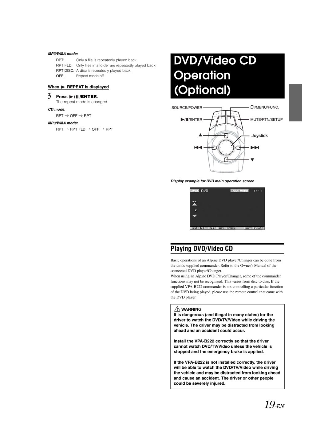 Alpine VPA-B222 DVD/Video CD Operation Optional, Playing DVD/Video CD, 19-EN, When Repeat is displayed Press / /ENTER 