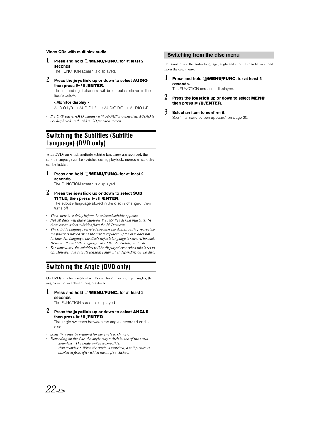 Alpine VPA-B222 owner manual Switching the Angle DVD only, Switching from the disc menu, 22-EN, Monitor display 