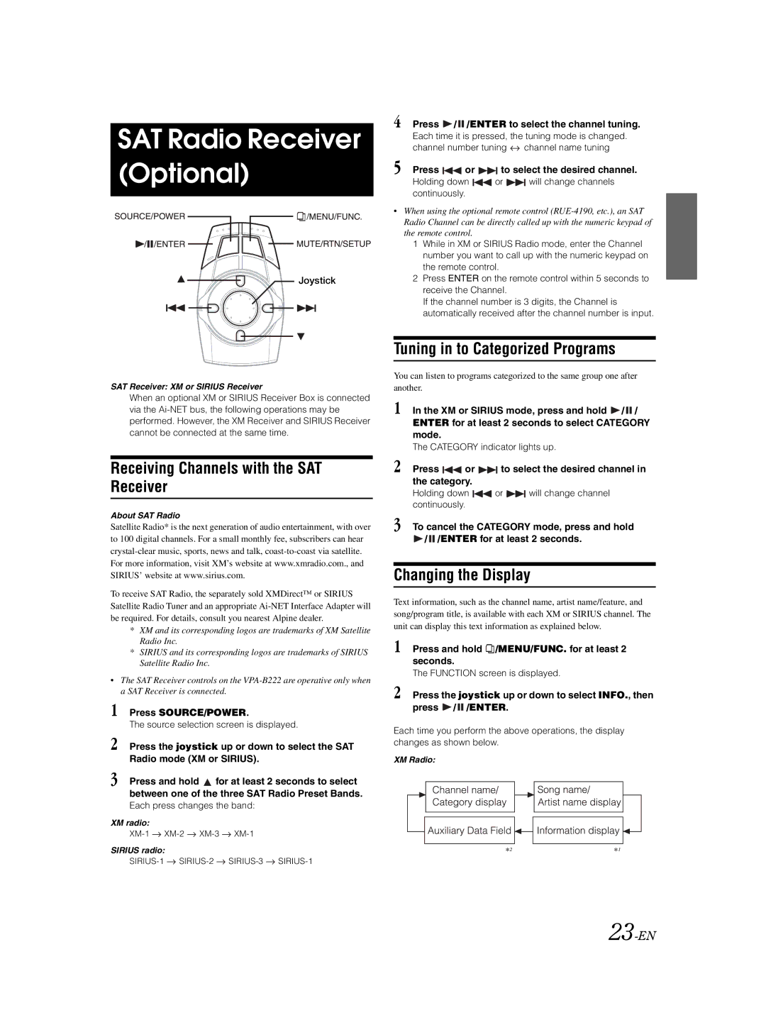 Alpine VPA-B222 SAT Radio Receiver Optional, Receiving Channels with the SAT Receiver, Tuning in to Categorized Programs 