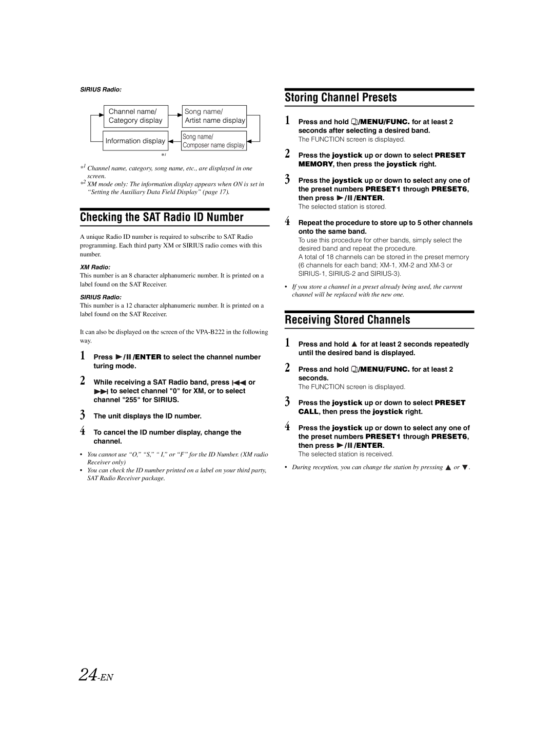 Alpine VPA-B222 owner manual Checking the SAT Radio ID Number, Storing Channel Presets, Receiving Stored Channels, 24-EN 