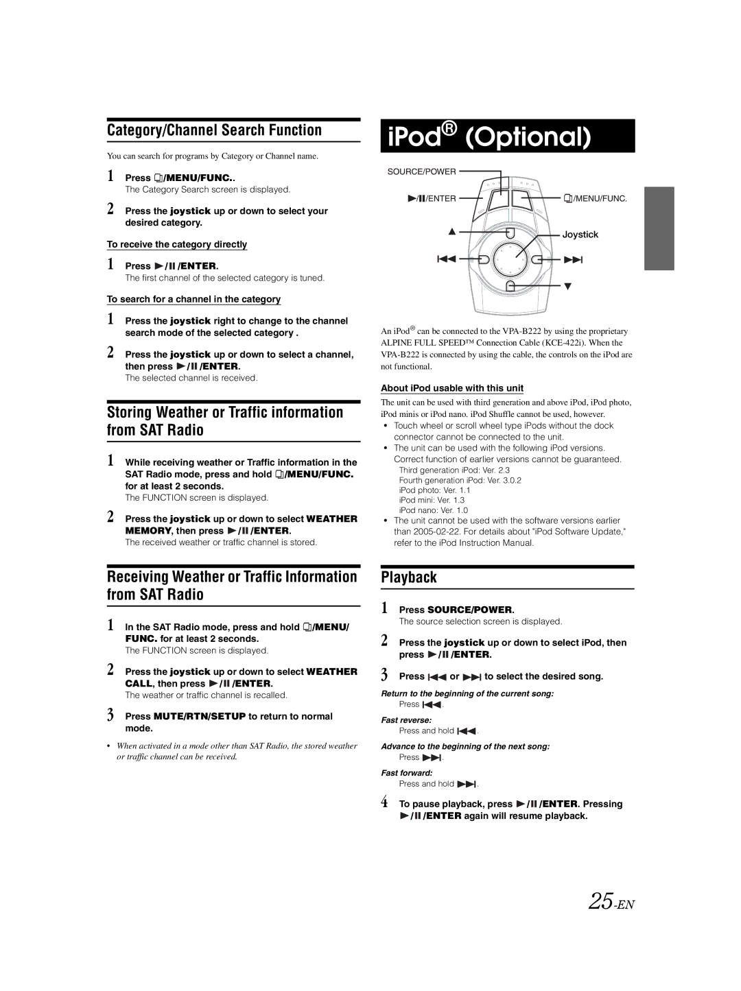Alpine VPA-B222 IPod Optional, Category/Channel Search Function, Storing Weather or Traffic information from SAT Radio 