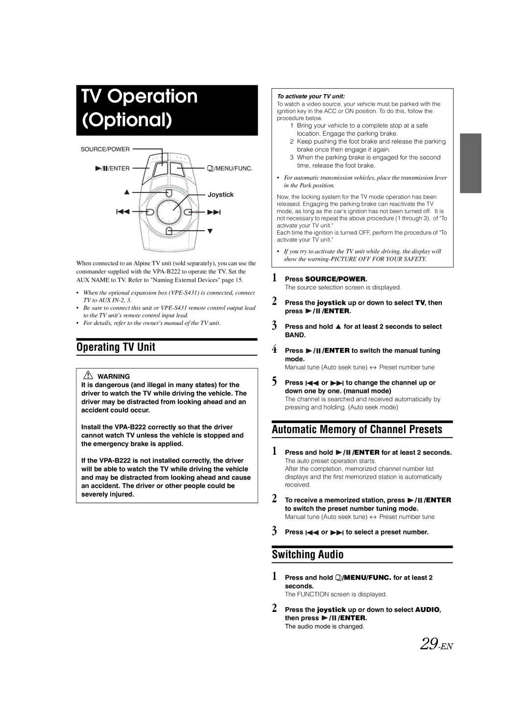 Alpine VPA-B222 TV Operation Optional, Operating TV Unit, Automatic Memory of Channel Presets, Switching Audio, 29-EN 