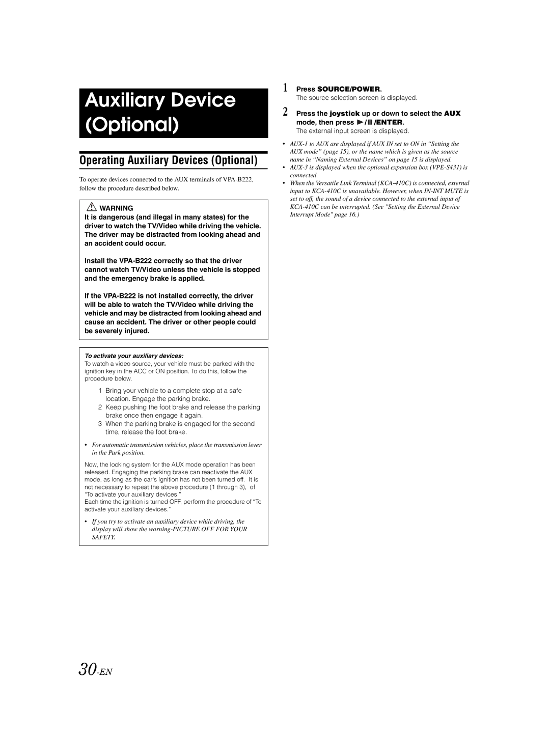 Alpine VPA-B222 Auxiliary Device Optional, Operating Auxiliary Devices Optional, 30-EN, External input screen is displayed 