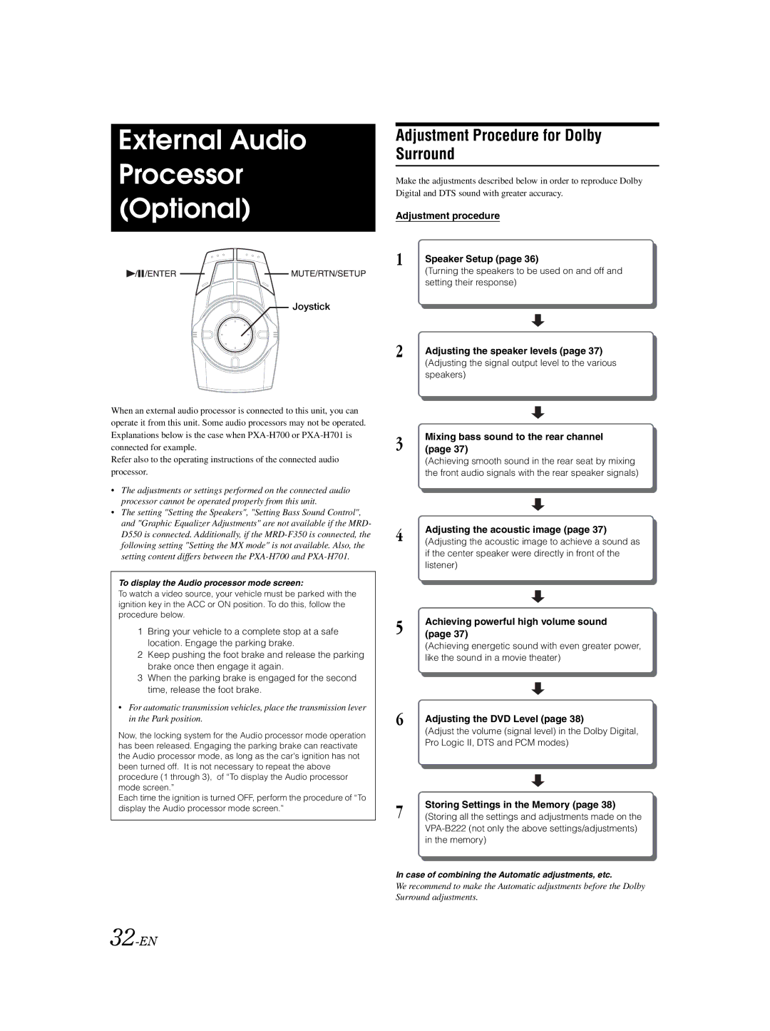 Alpine VPA-B222 owner manual External Audio Processor Optional, Adjustment Procedure for Dolby Surround, 32-EN 