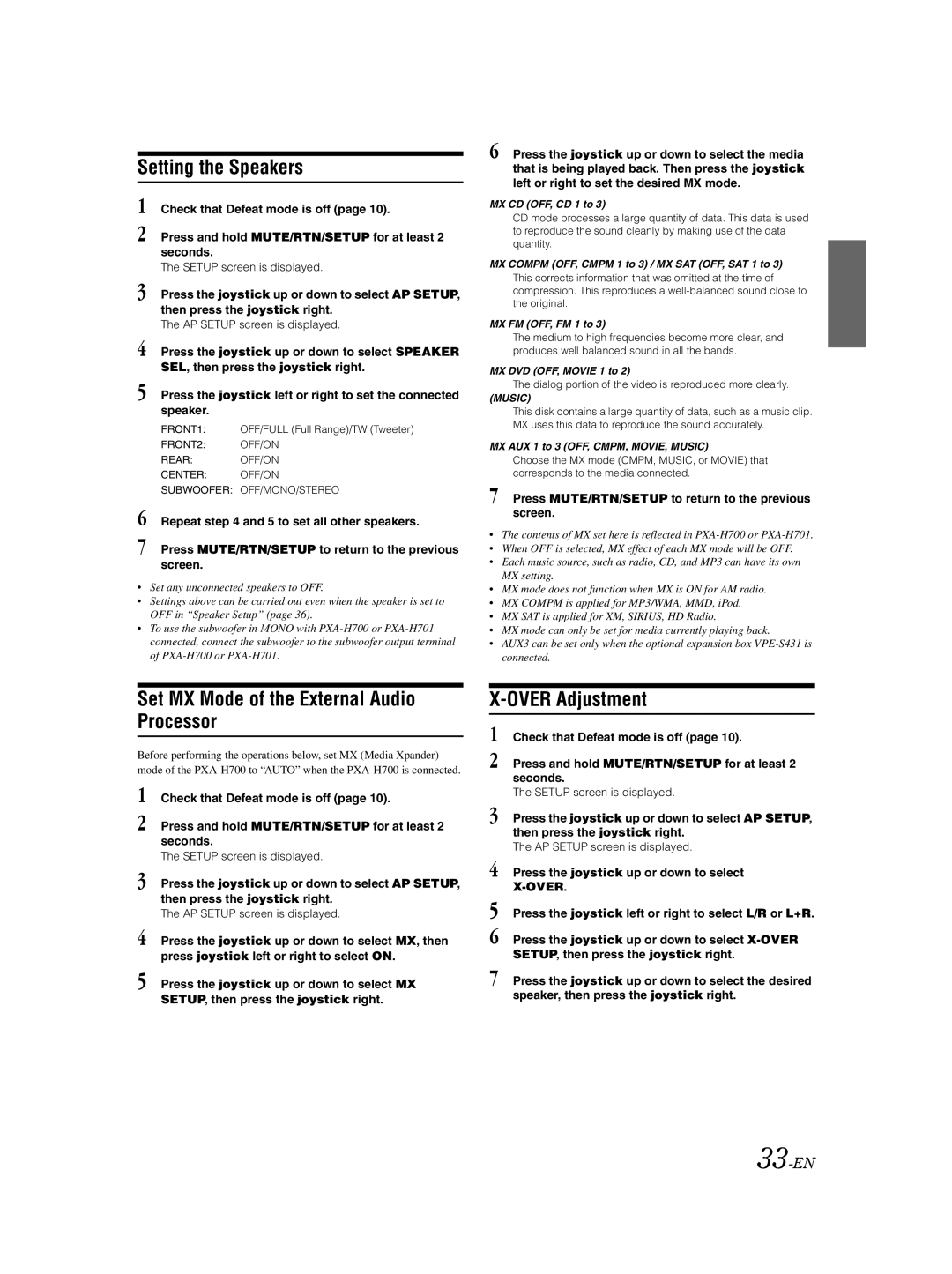 Alpine VPA-B222 owner manual Setting the Speakers, Set MX Mode of the External Audio Processor, Over Adjustment, 33-EN 