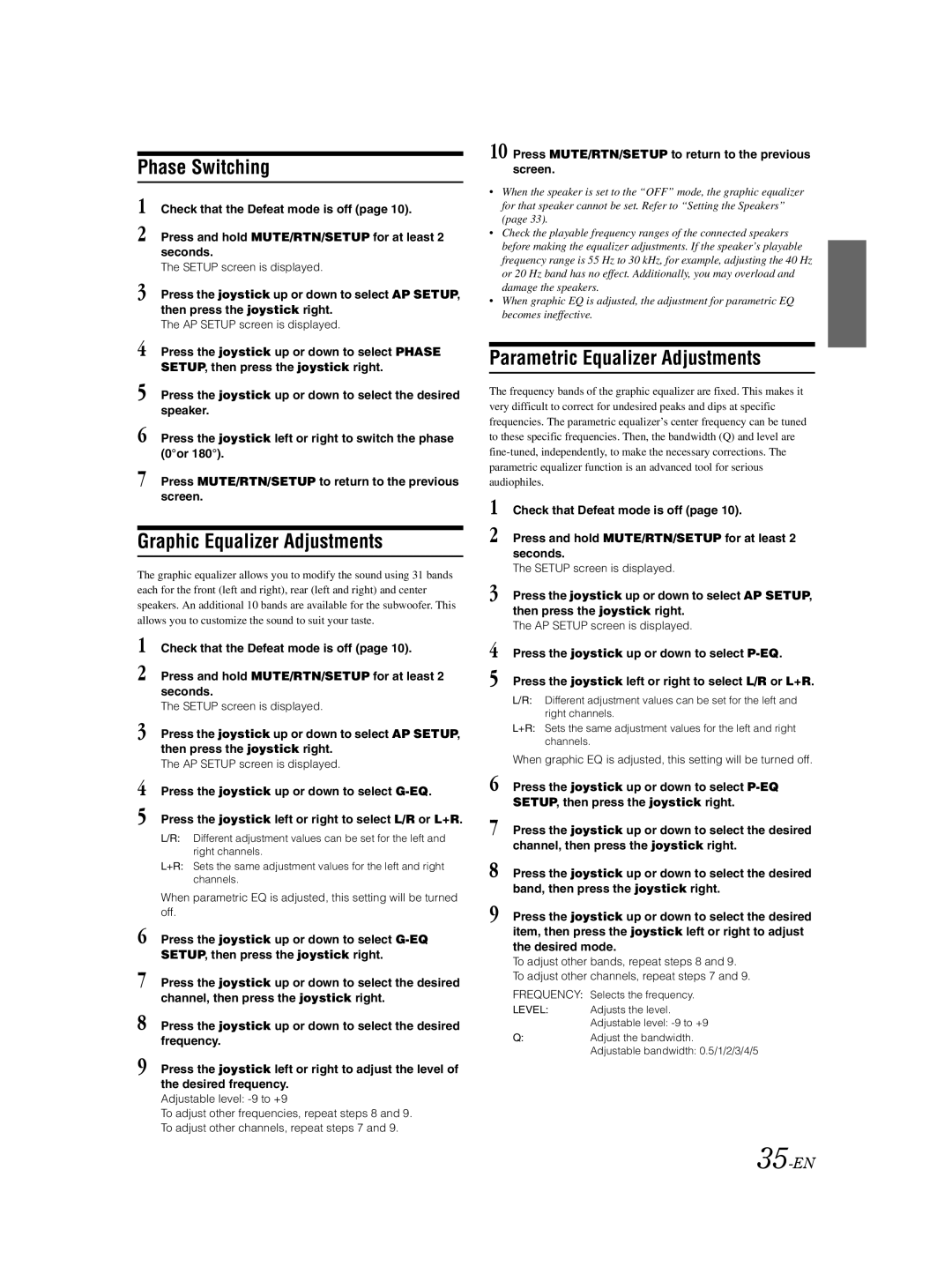 Alpine VPA-B222 owner manual Phase Switching, Graphic Equalizer Adjustments, Parametric Equalizer Adjustments, 35-EN 