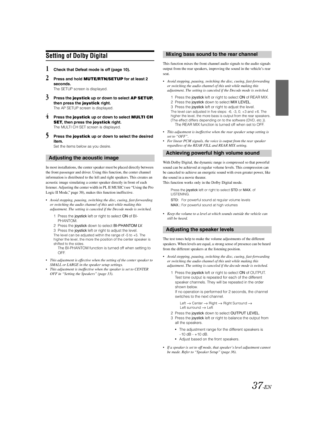 Alpine VPA-B222 owner manual Setting of Dolby Digital, Adjusting the acoustic image, Mixing bass sound to the rear channel 