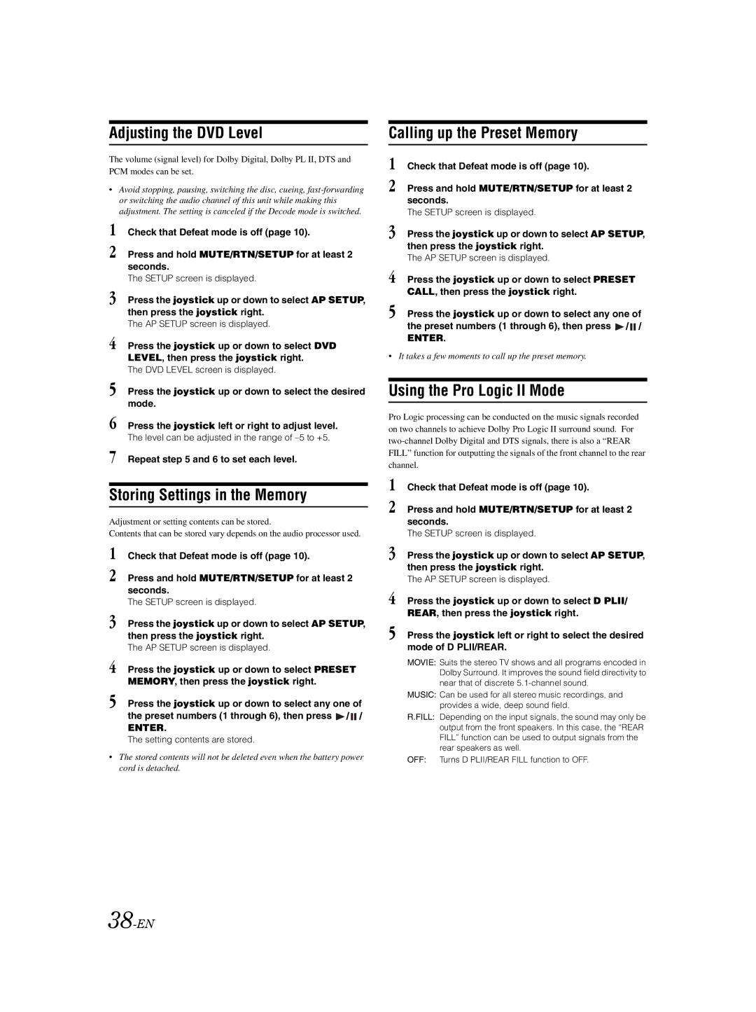 Alpine VPA-B222 owner manual Adjusting the DVD Level, Storing Settings in the Memory, Calling up the Preset Memory, 38-EN 