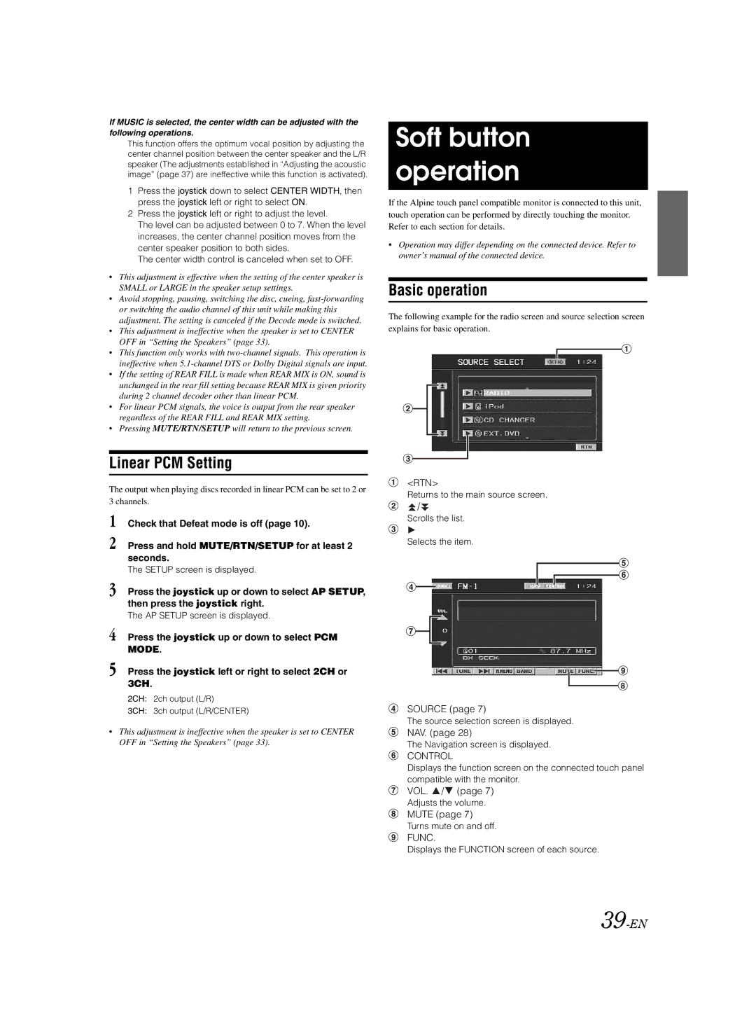 Alpine VPA-B222 owner manual Soft button operation, Basic operation, Linear PCM Setting, 39-EN 