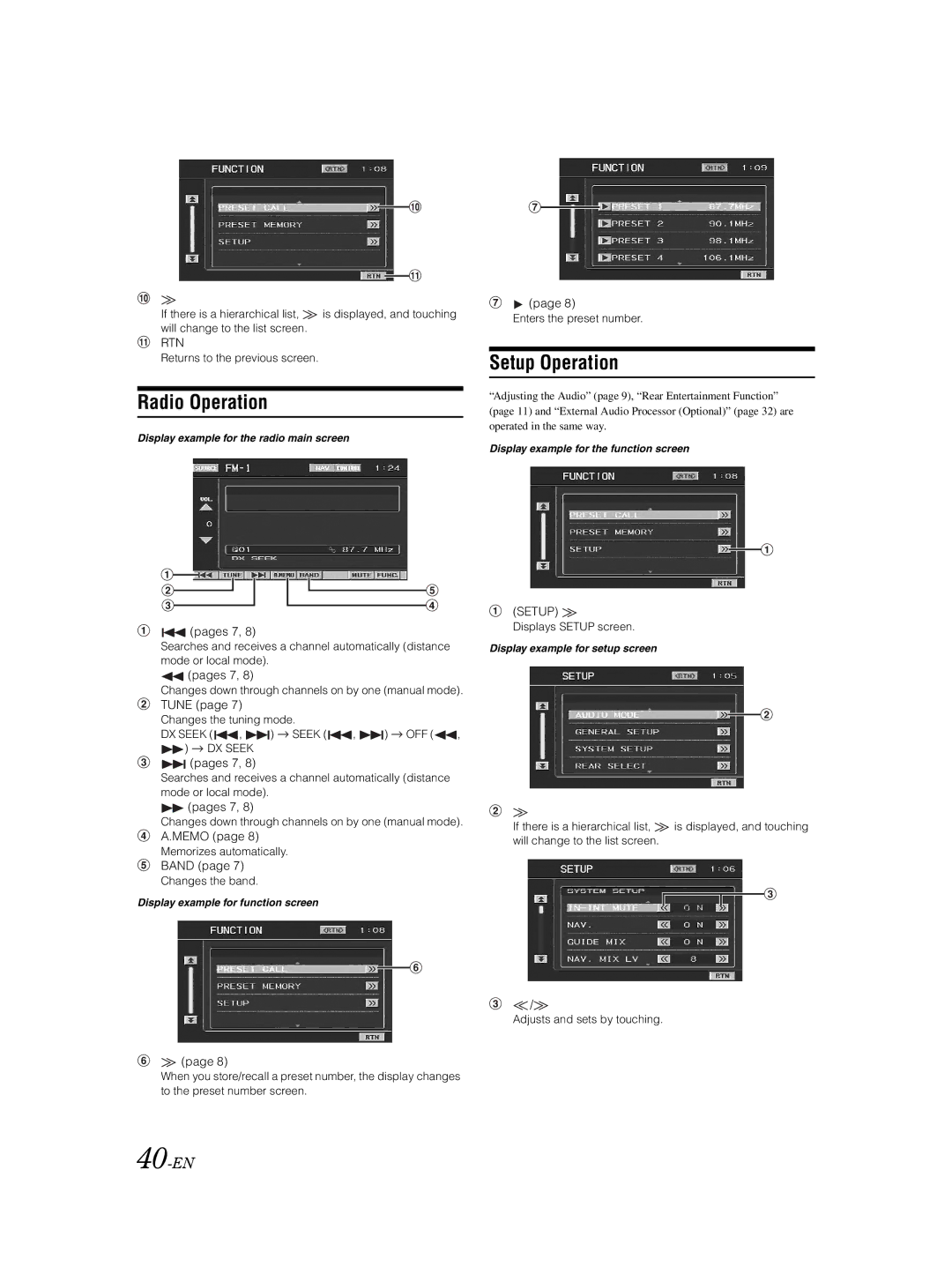 Alpine VPA-B222 owner manual Radio Operation, Setup Operation, 40-EN 