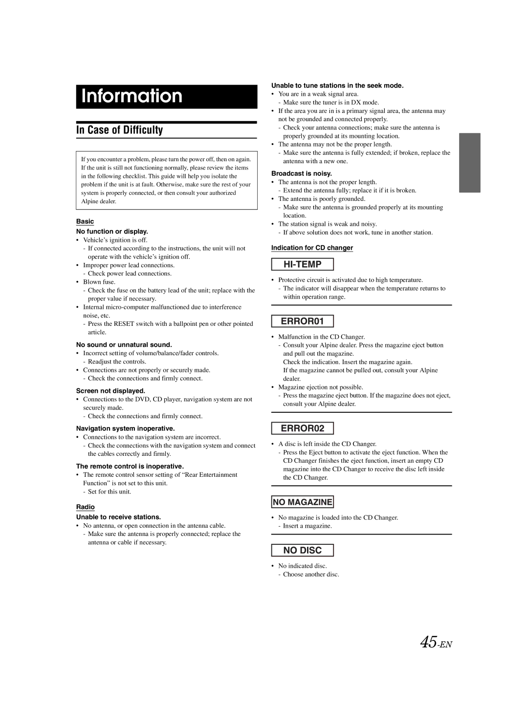 Alpine VPA-B222 owner manual Information, Case of Difficulty, 45-EN 