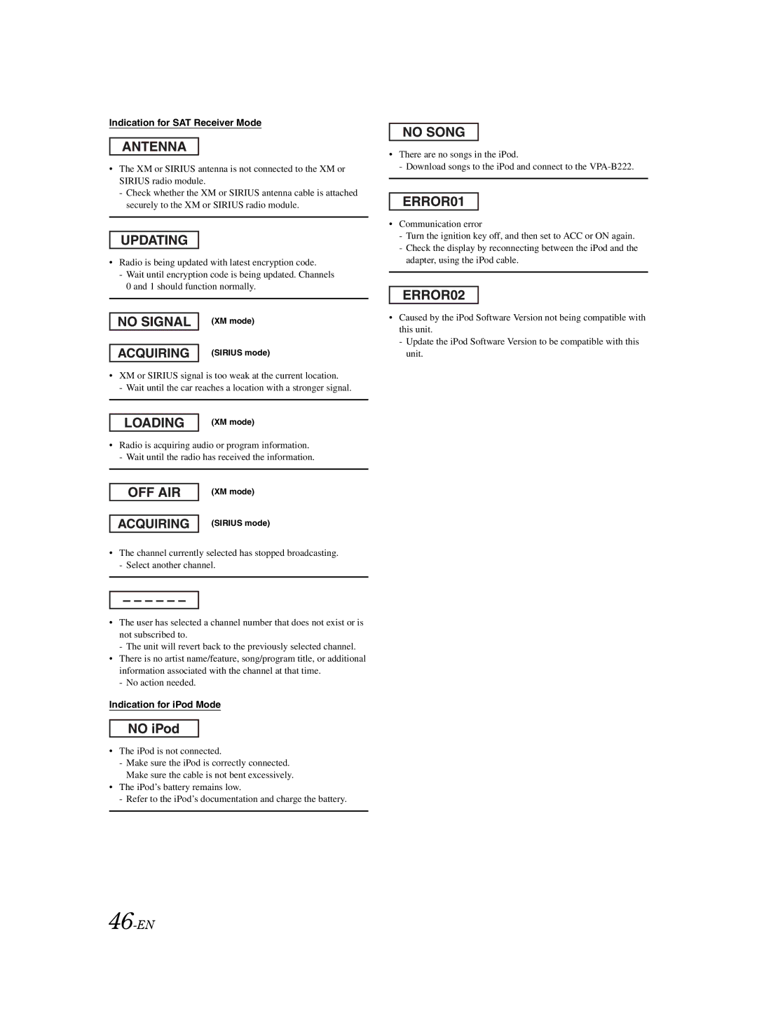 Alpine VPA-B222 owner manual 46-EN, Indication for SAT Receiver Mode, Indication for iPod Mode 