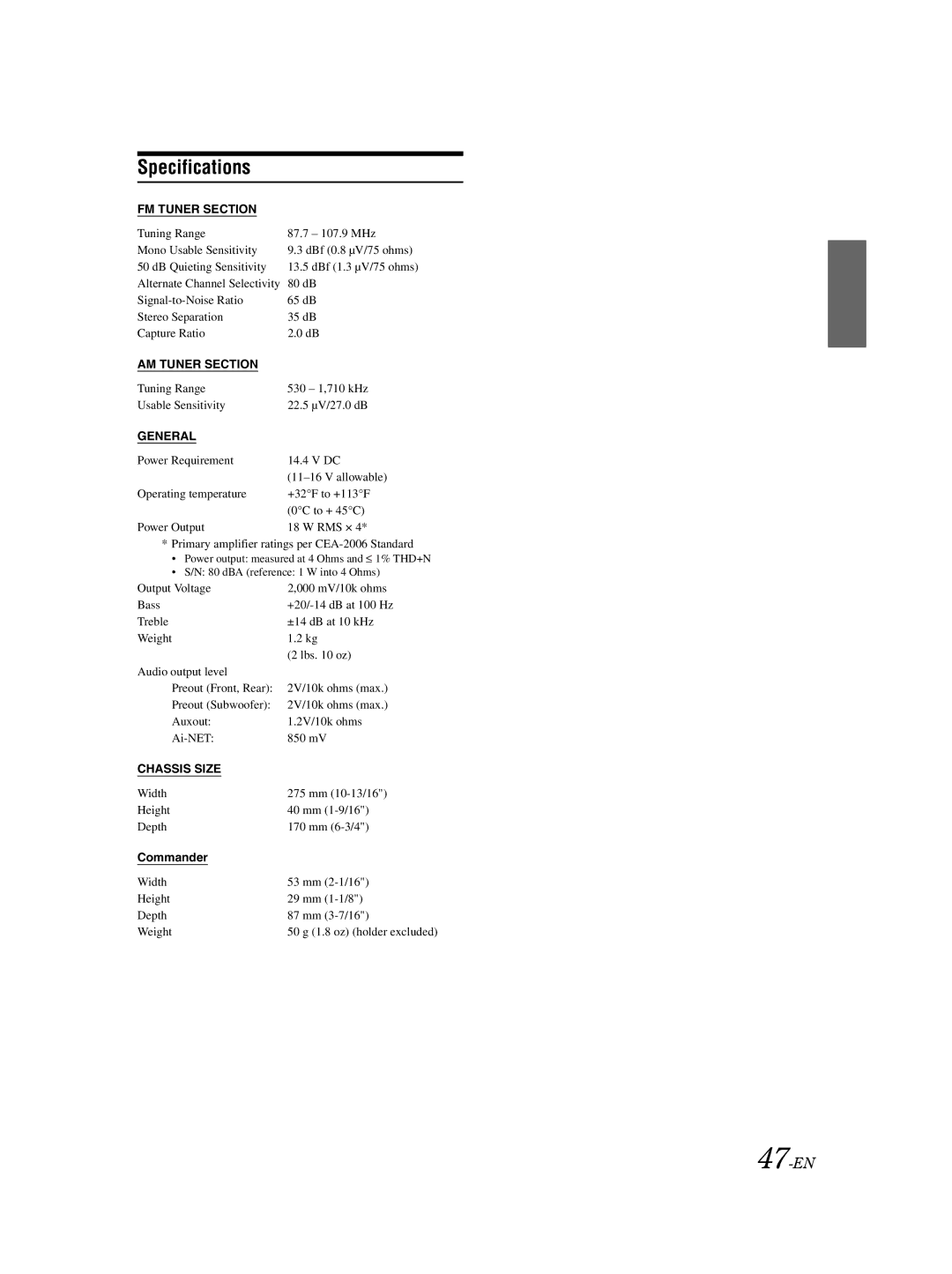 Alpine VPA-B222 owner manual Specifications, 47-EN, Commander 