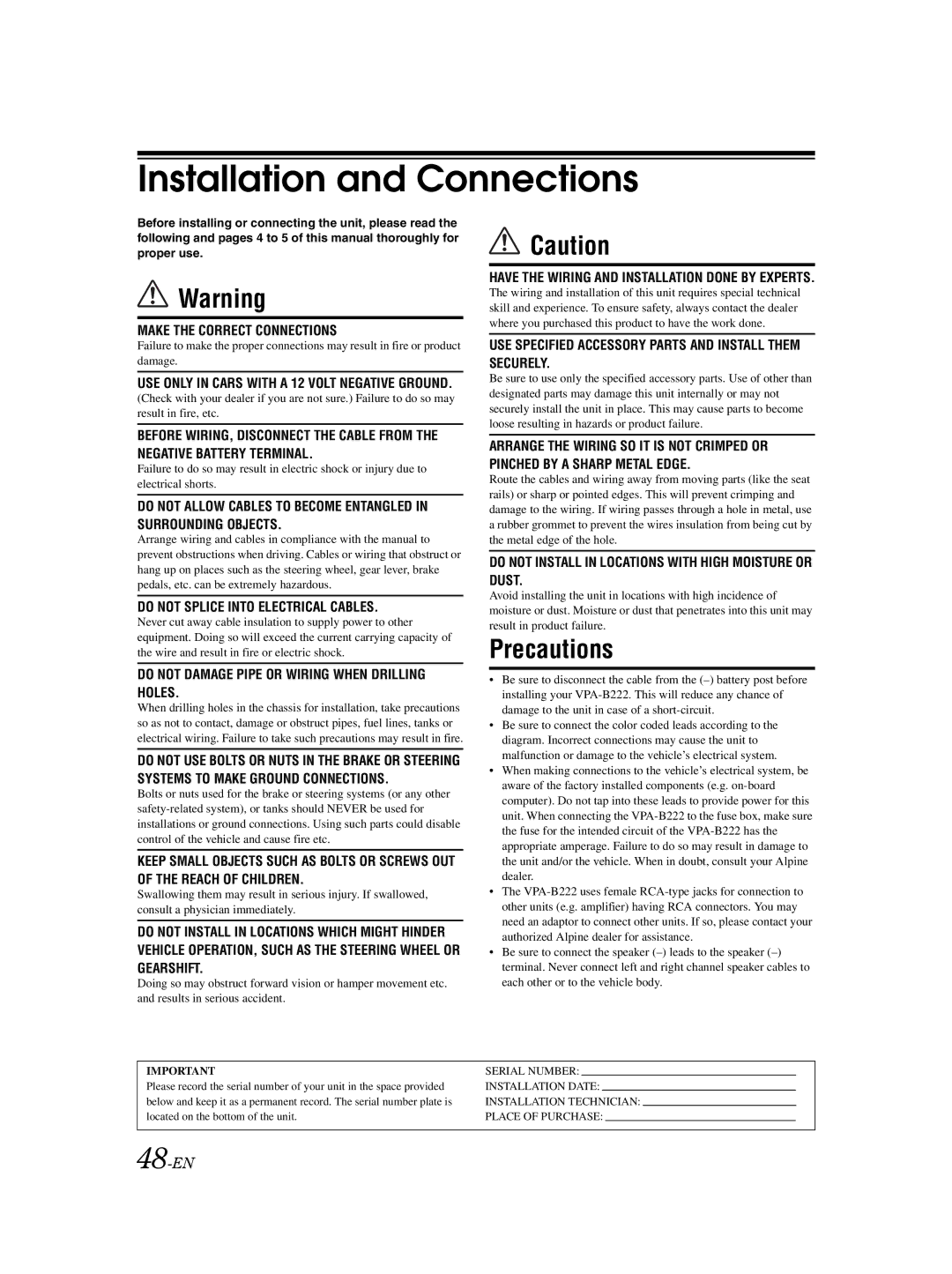 Alpine VPA-B222 owner manual Installation and Connections, 48-EN 