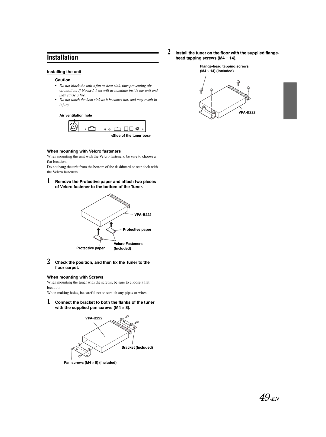 Alpine VPA-B222 owner manual Installation, 49-EN, Installing the unit, When mounting with Velcro fasteners 