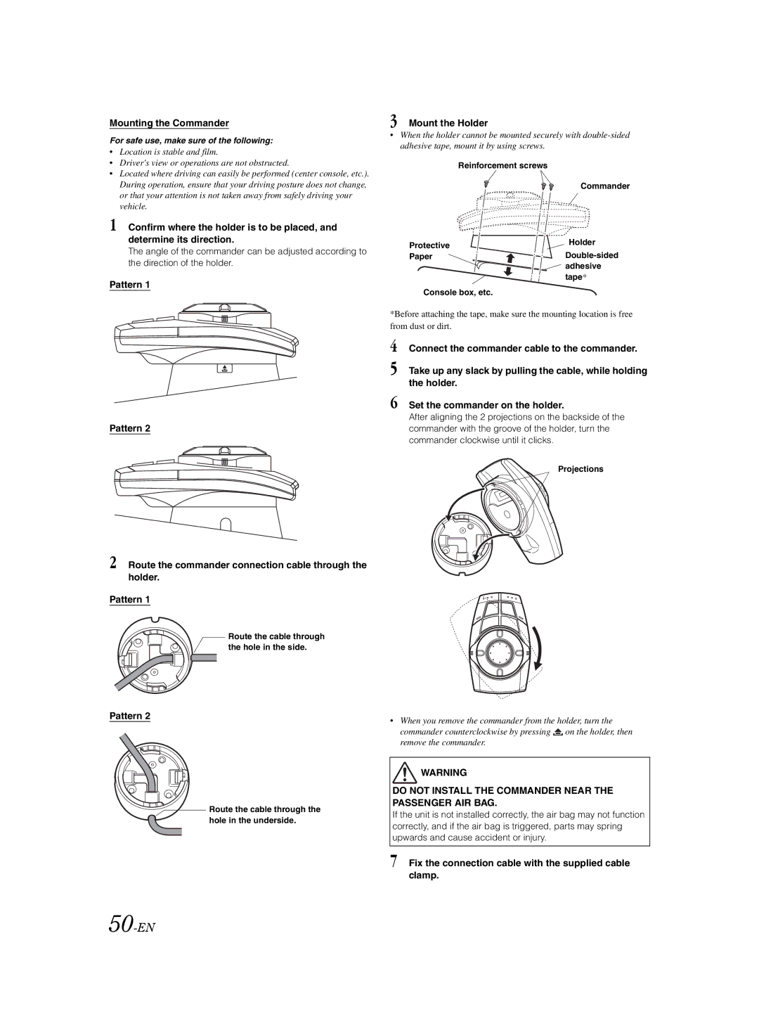 Alpine VPA-B222 owner manual 50-EN, Mounting the Commander, Pattern, Mount the Holder 