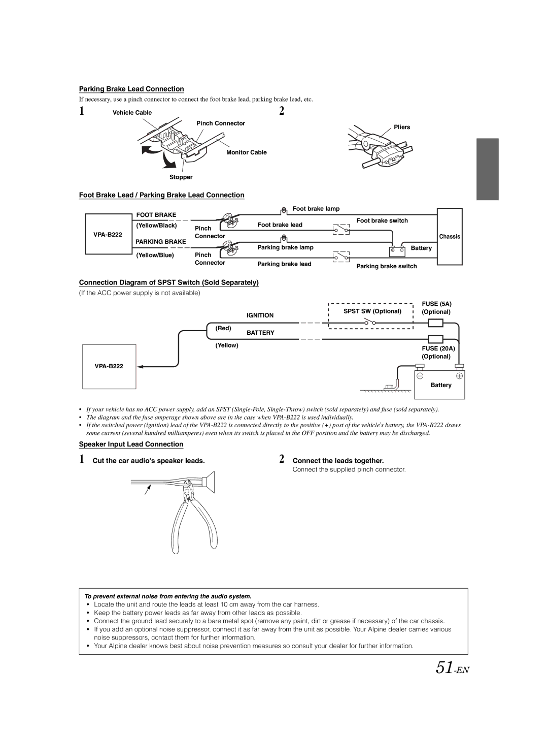 Alpine VPA-B222 51-EN, Foot Brake Lead / Parking Brake Lead Connection, If the ACC power supply is not available 