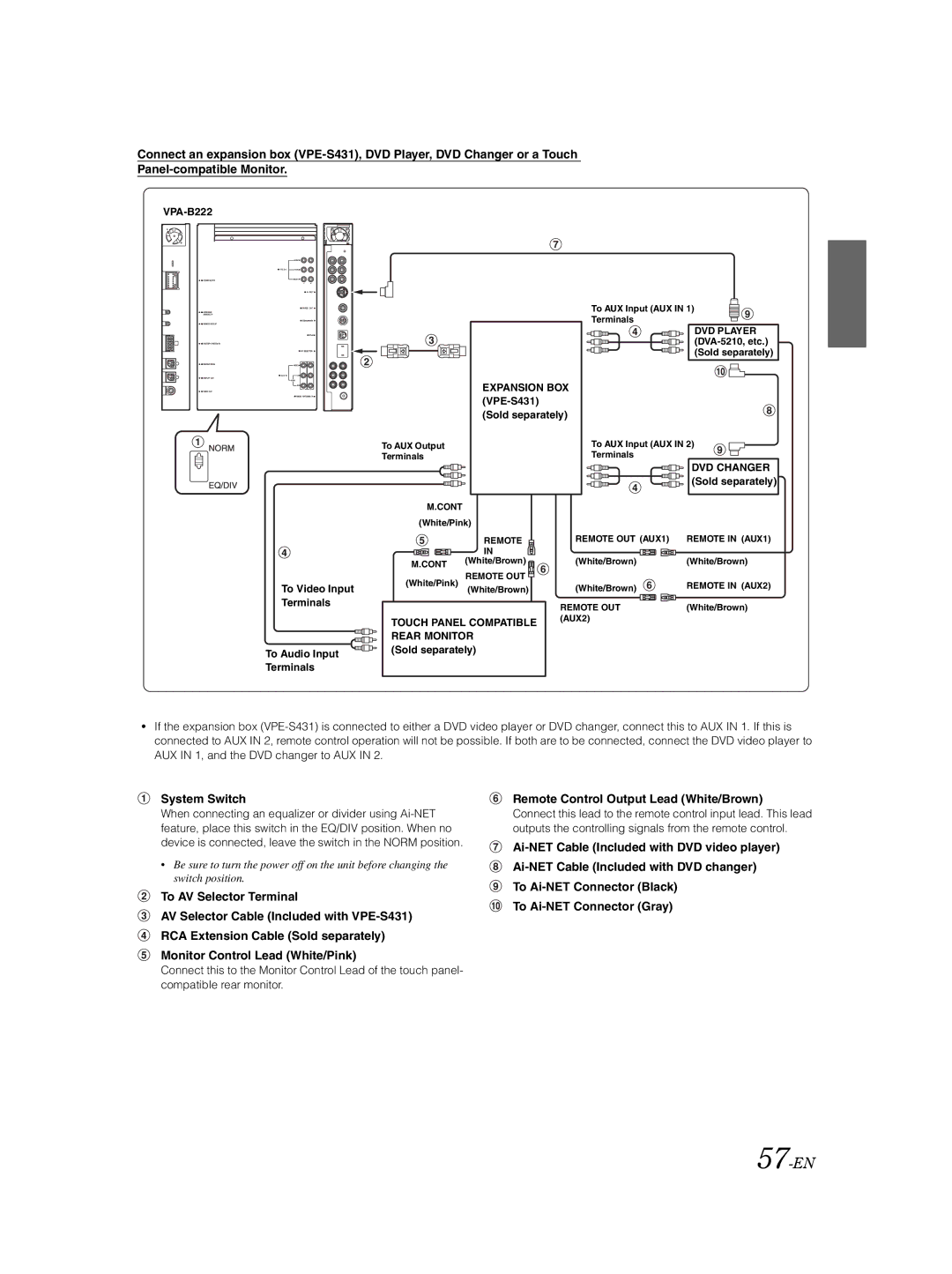 Alpine VPA-B222 owner manual 57-EN, To AV Selector Terminal, To Ai-NET Connector Black To Ai-NET Connector Gray 