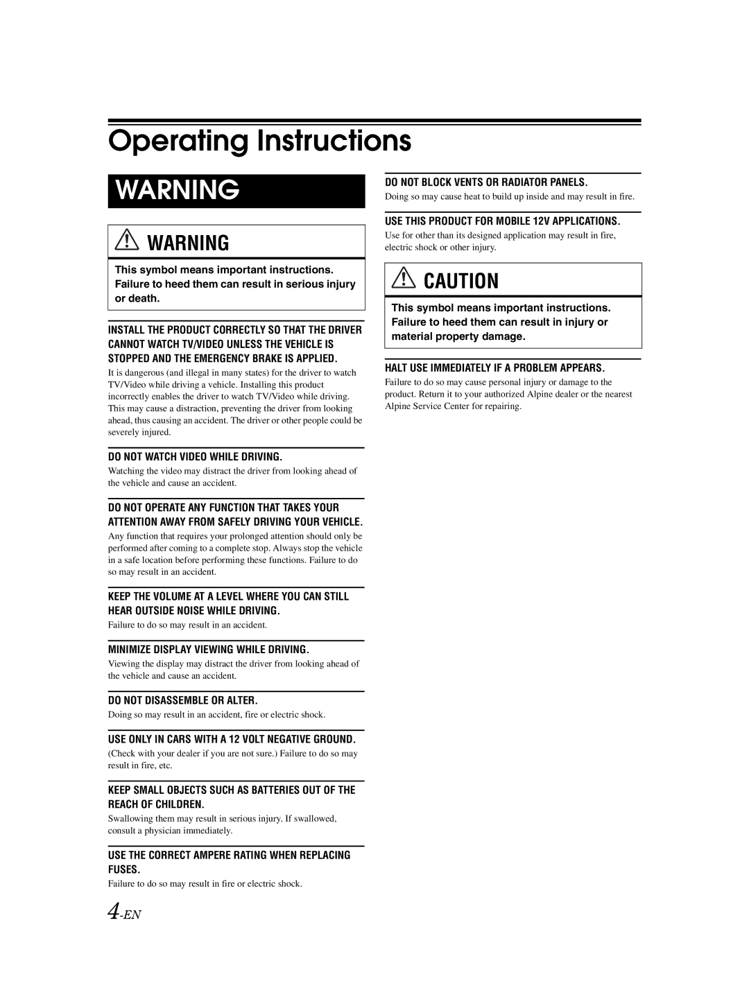 Alpine VPA-B222 owner manual Operating Instructions 