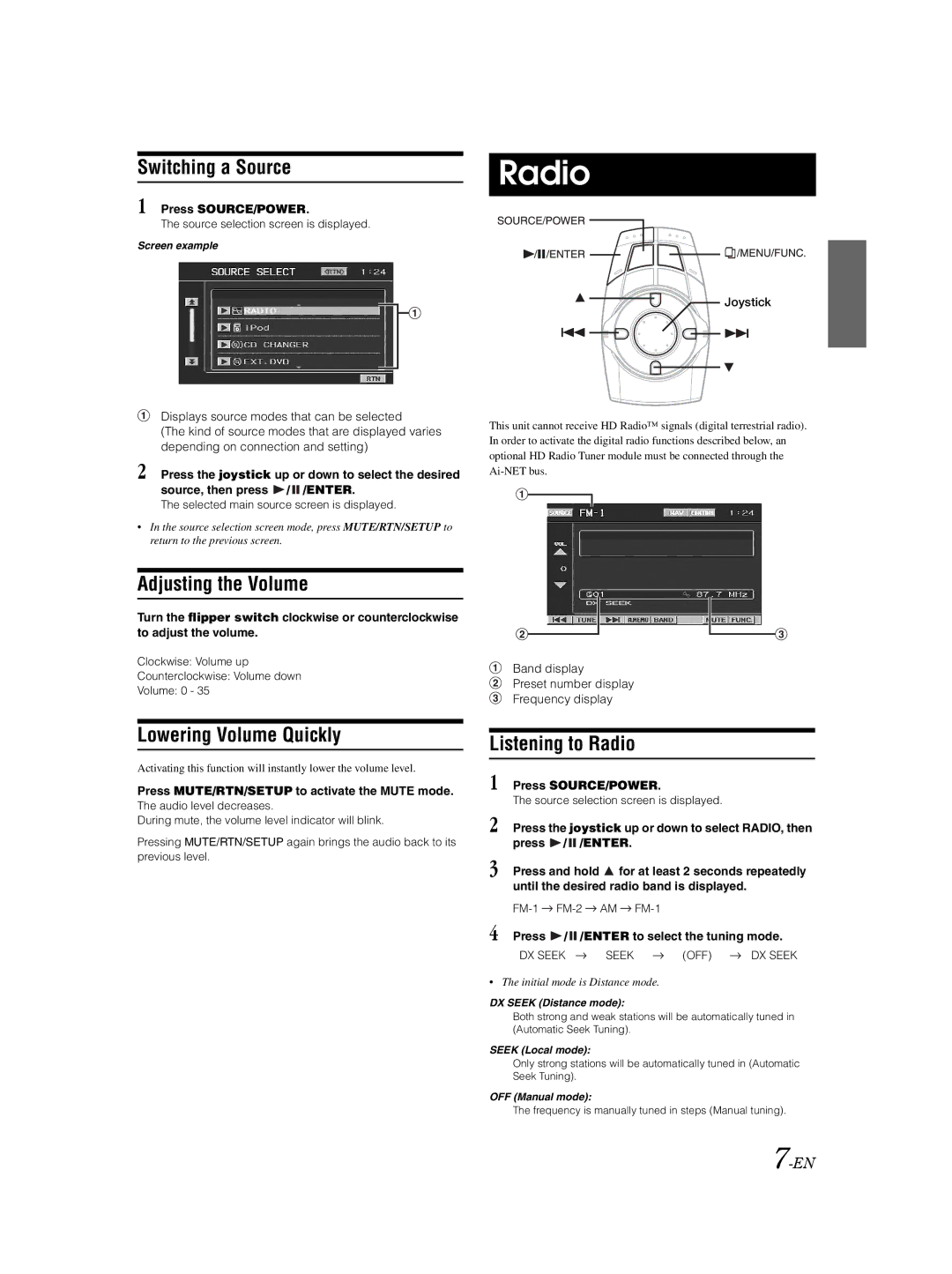 Alpine VPA-B222 owner manual Switching a Source, Adjusting the Volume, Lowering Volume Quickly, Listening to Radio 