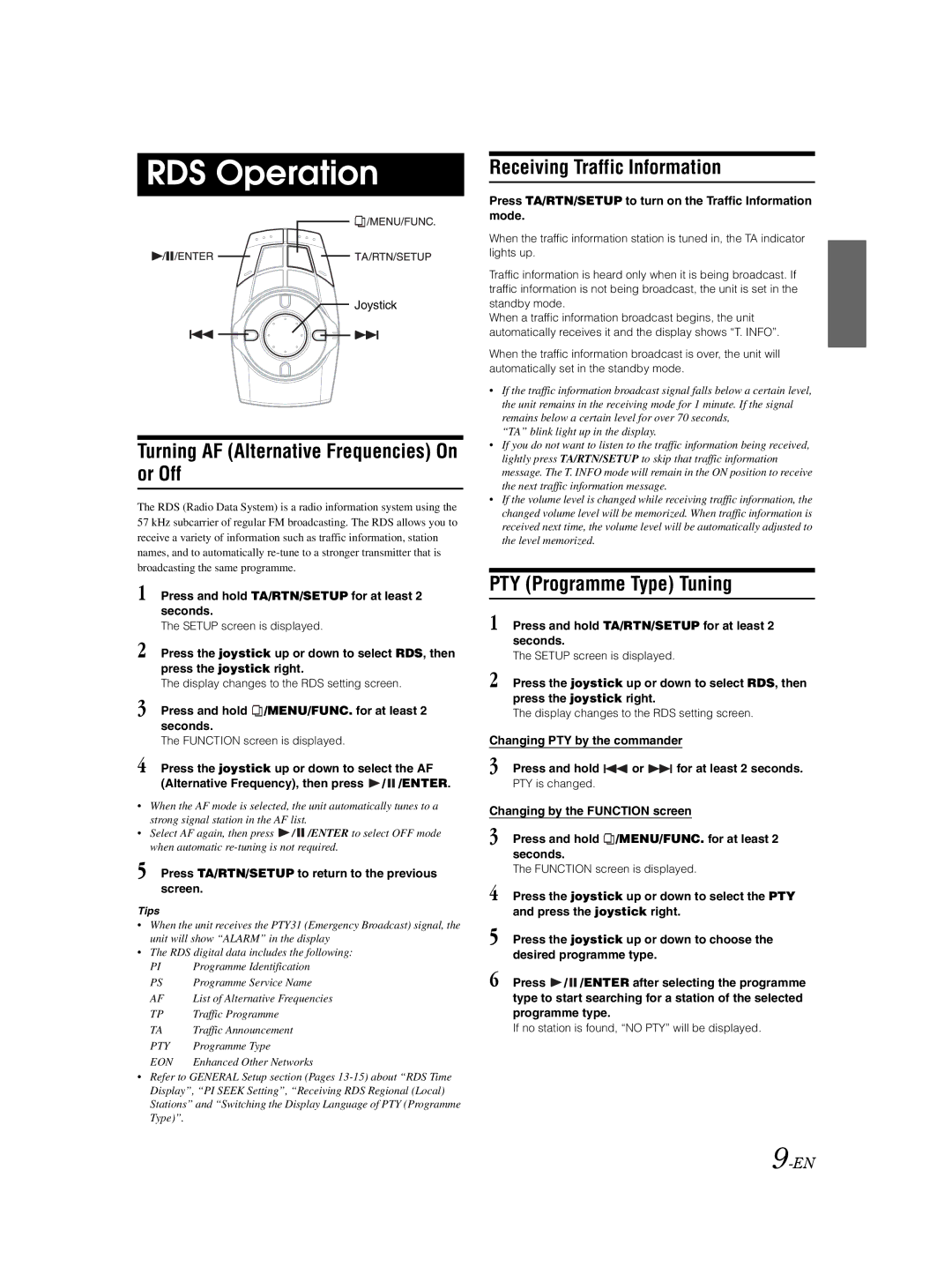 Alpine VPA-B222R owner manual RDS Operation, Turning AF Alternative Frequencies On or Off, Receiving Traffic Information 