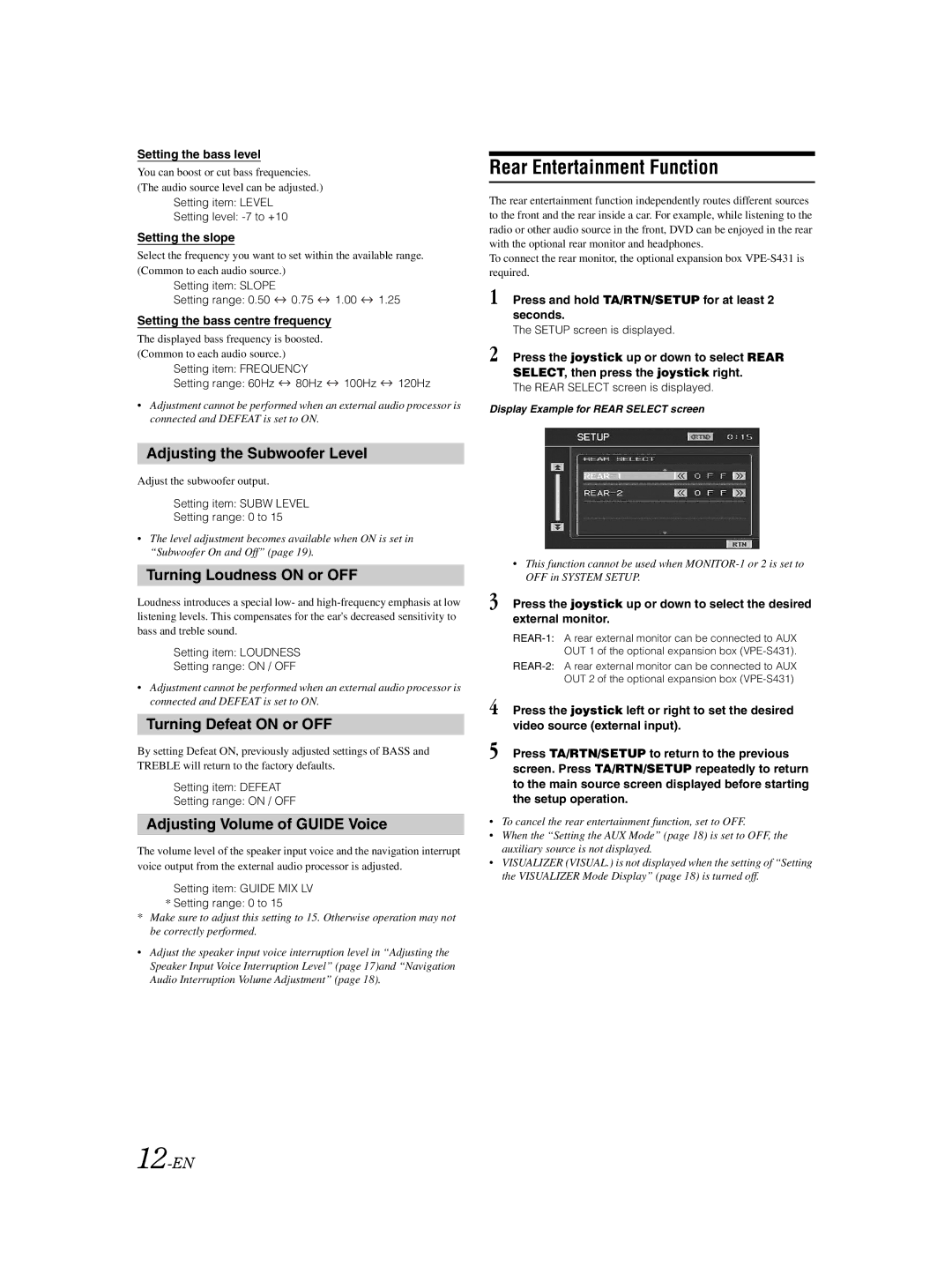 Alpine VPA-B222R owner manual Rear Entertainment Function, Adjusting the Subwoofer Level, Turning Loudness on or OFF 