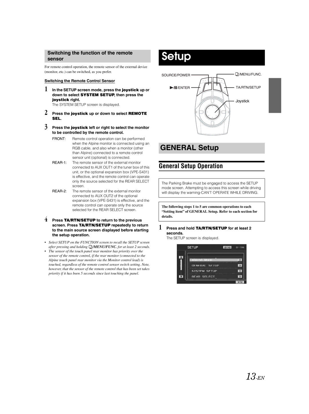 Alpine VPA-B222R owner manual General Setup Operation, Switching the function of the remote sensor, 13-EN 