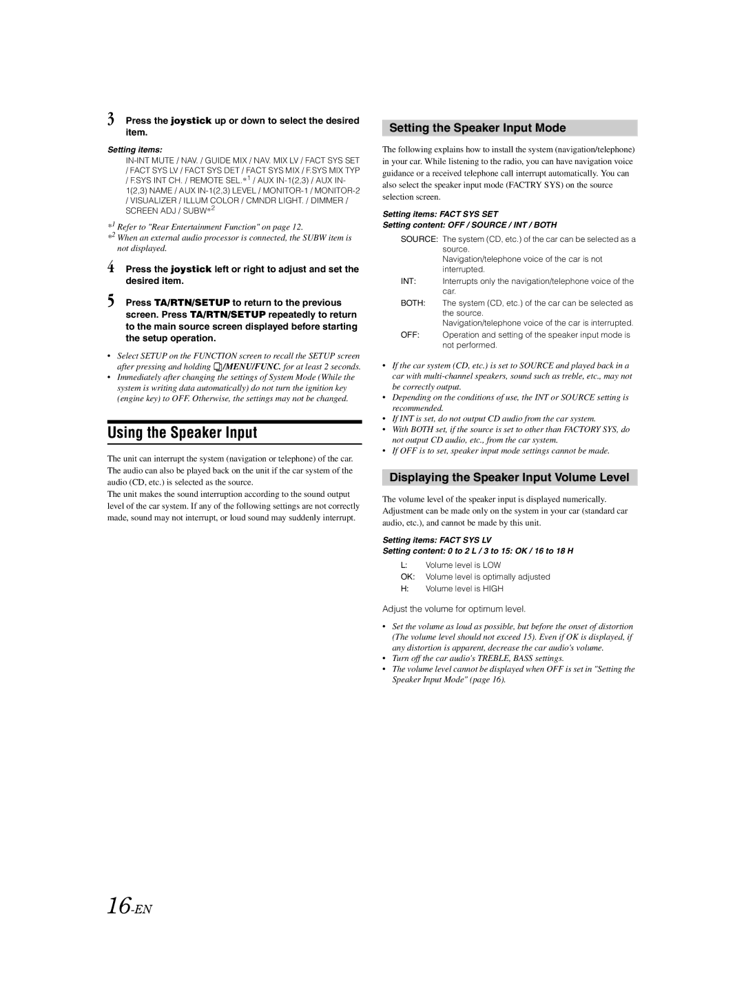 Alpine VPA-B222R Using the Speaker Input, Setting the Speaker Input Mode, Displaying the Speaker Input Volume Level, 16-EN 