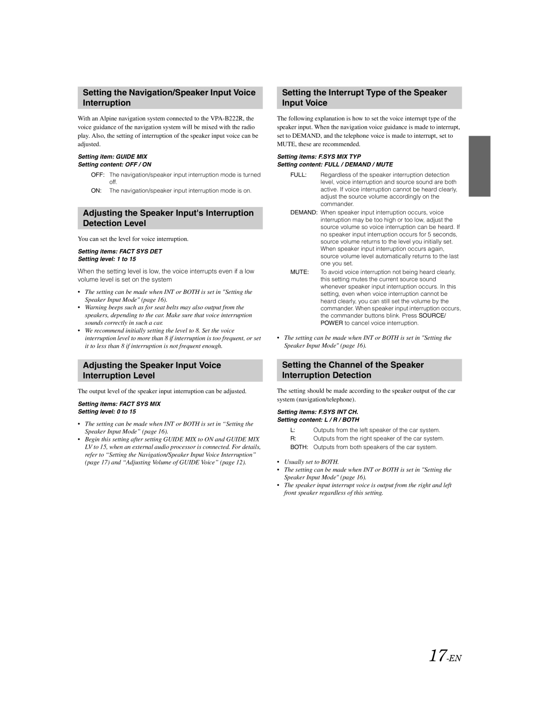 Alpine VPA-B222R owner manual Setting the Navigation/Speaker Input Voice Interruption 