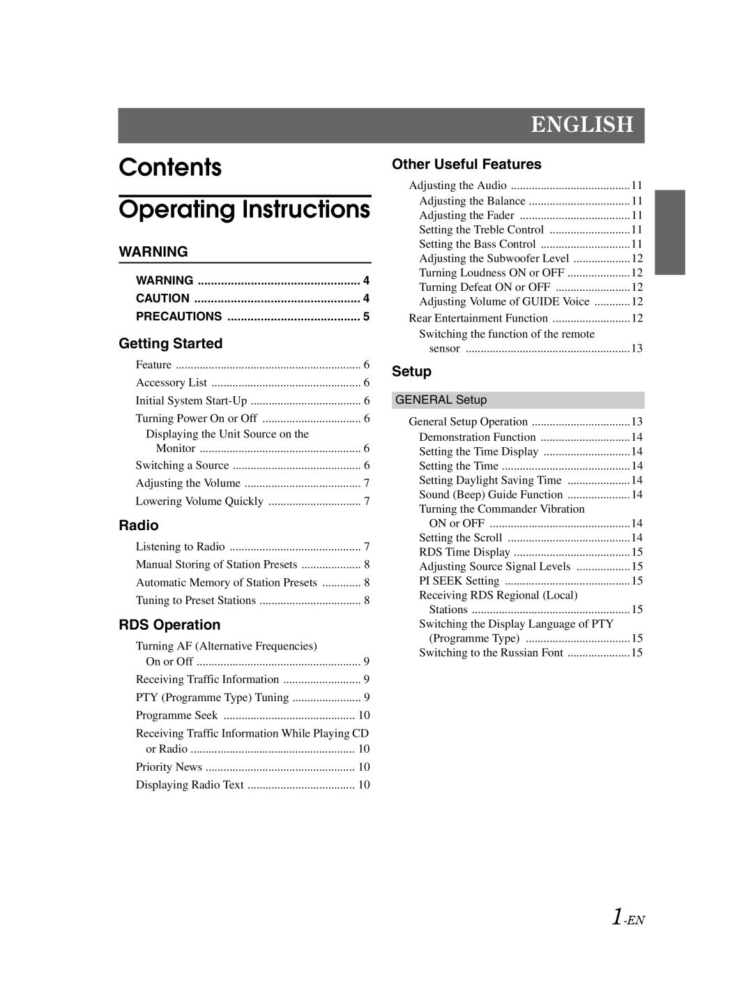 Alpine VPA-B222R owner manual Contents Operating Instructions 