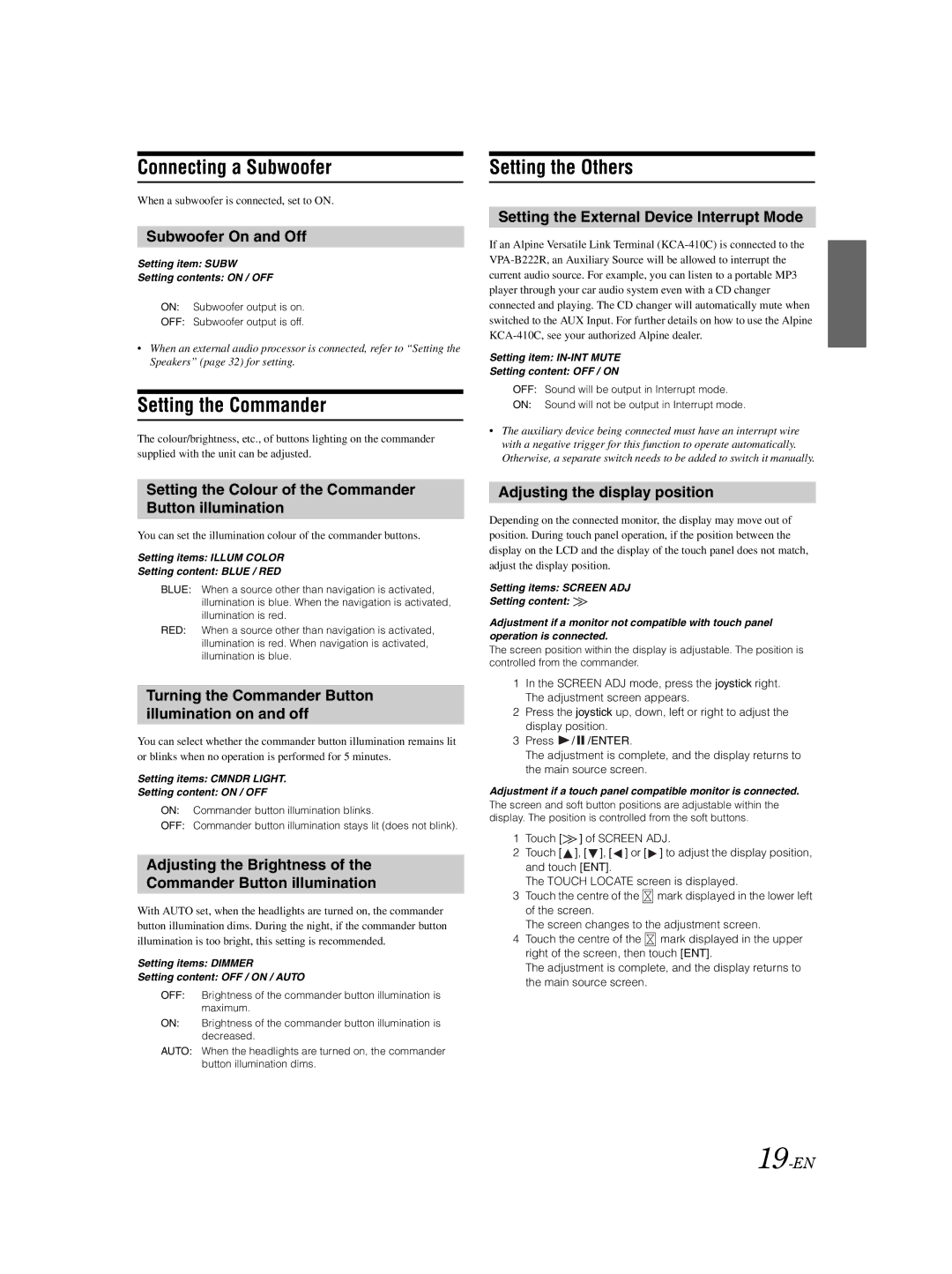 Alpine VPA-B222R owner manual Connecting a Subwoofer, Setting the Commander, Setting the Others 