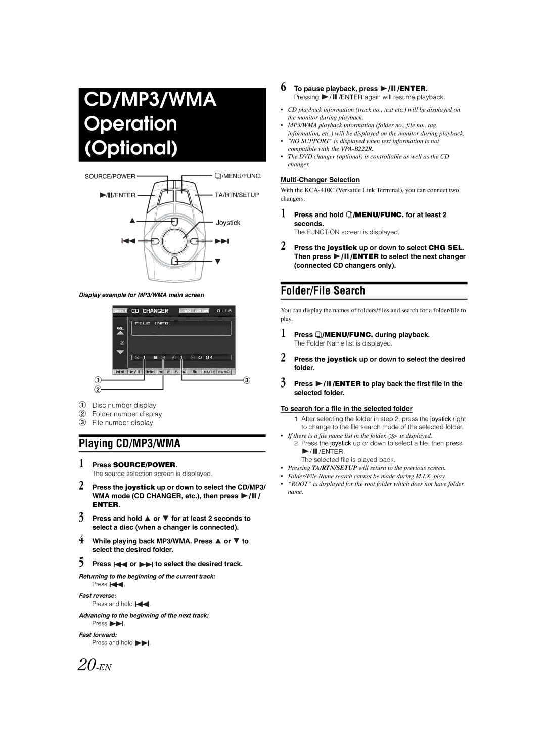 Alpine VPA-B222R owner manual CD/MP3/WMA Operation Optional, Playing CD/MP3/WMA, Folder/File Search, 20-EN 