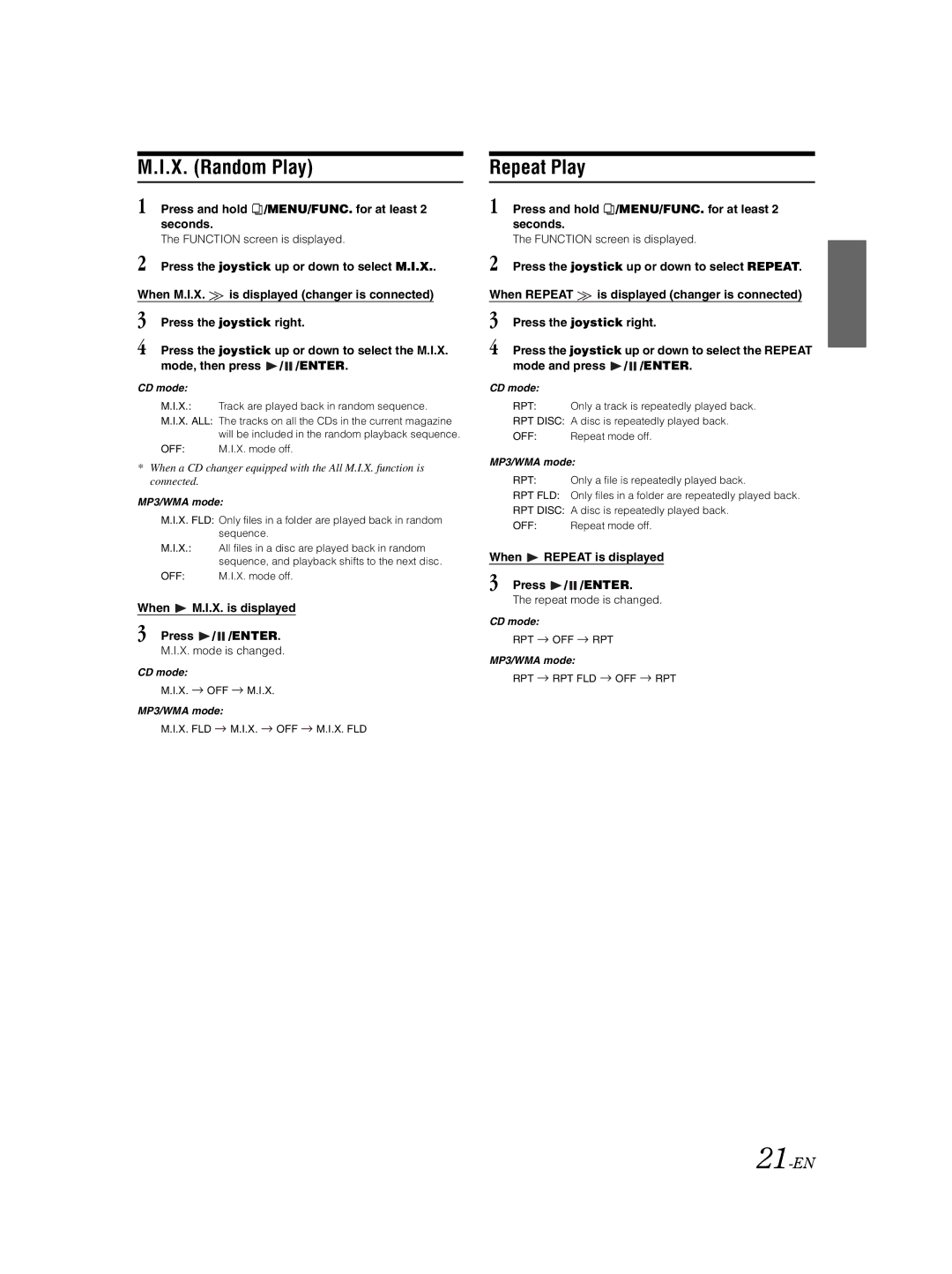 Alpine VPA-B222R owner manual X. Random Play, Repeat Play, 21-EN, When M.I.X. is displayed Press / /ENTER 