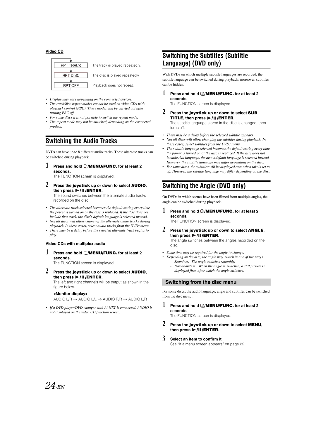 Alpine VPA-B222R owner manual Switching the Audio Tracks, Switching the Angle DVD only, Switching from the disc menu, 24-EN 