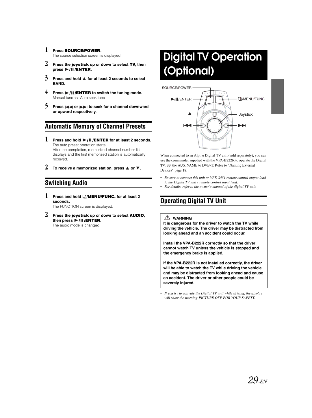Alpine VPA-B222R owner manual Digital TV Operation Optional, Automatic Memory of Channel Presets, Switching Audio, 29-EN 