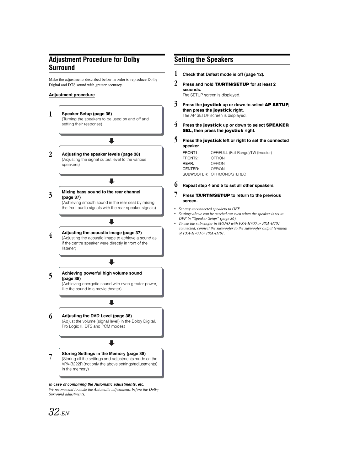 Alpine VPA-B222R owner manual Adjustment Procedure for Dolby Surround, Setting the Speakers, 32-EN 