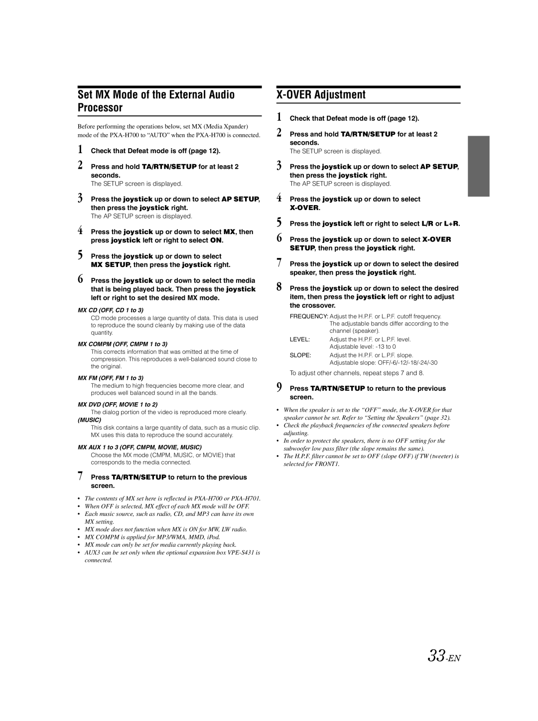 Alpine VPA-B222R owner manual Set MX Mode of the External Audio Processor, Over Adjustment, 33-EN 