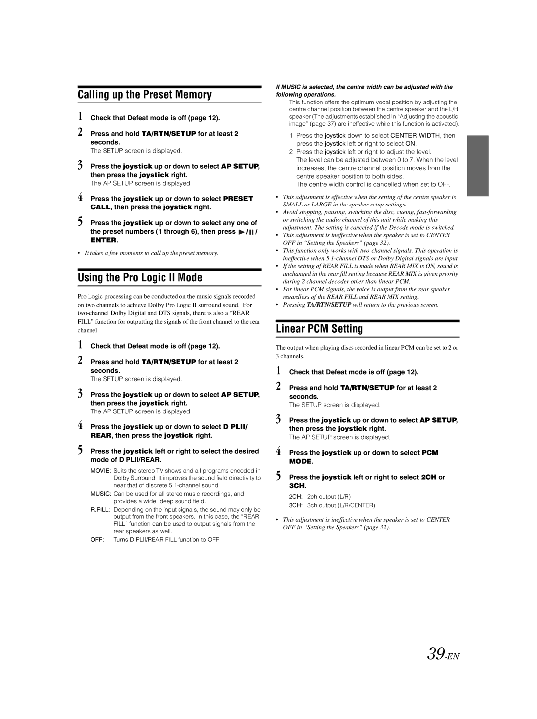 Alpine VPA-B222R owner manual Calling up the Preset Memory, Using the Pro Logic II Mode, Linear PCM Setting, 39-EN 